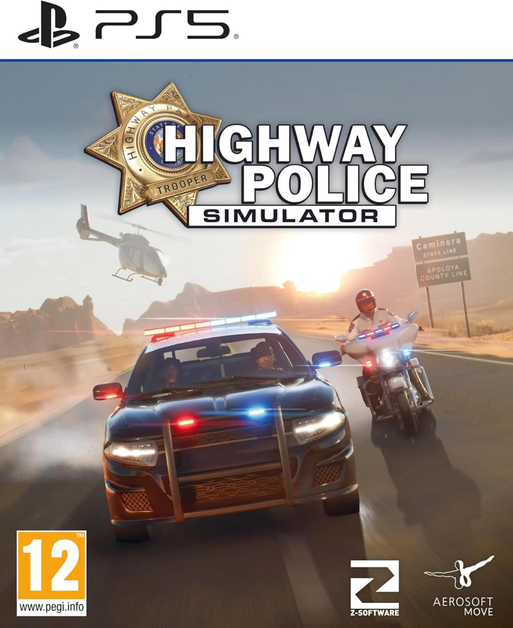 Copertina di Highway Police Simulator: auto di pattuglia, moto, elicottero, paesaggio desertico.