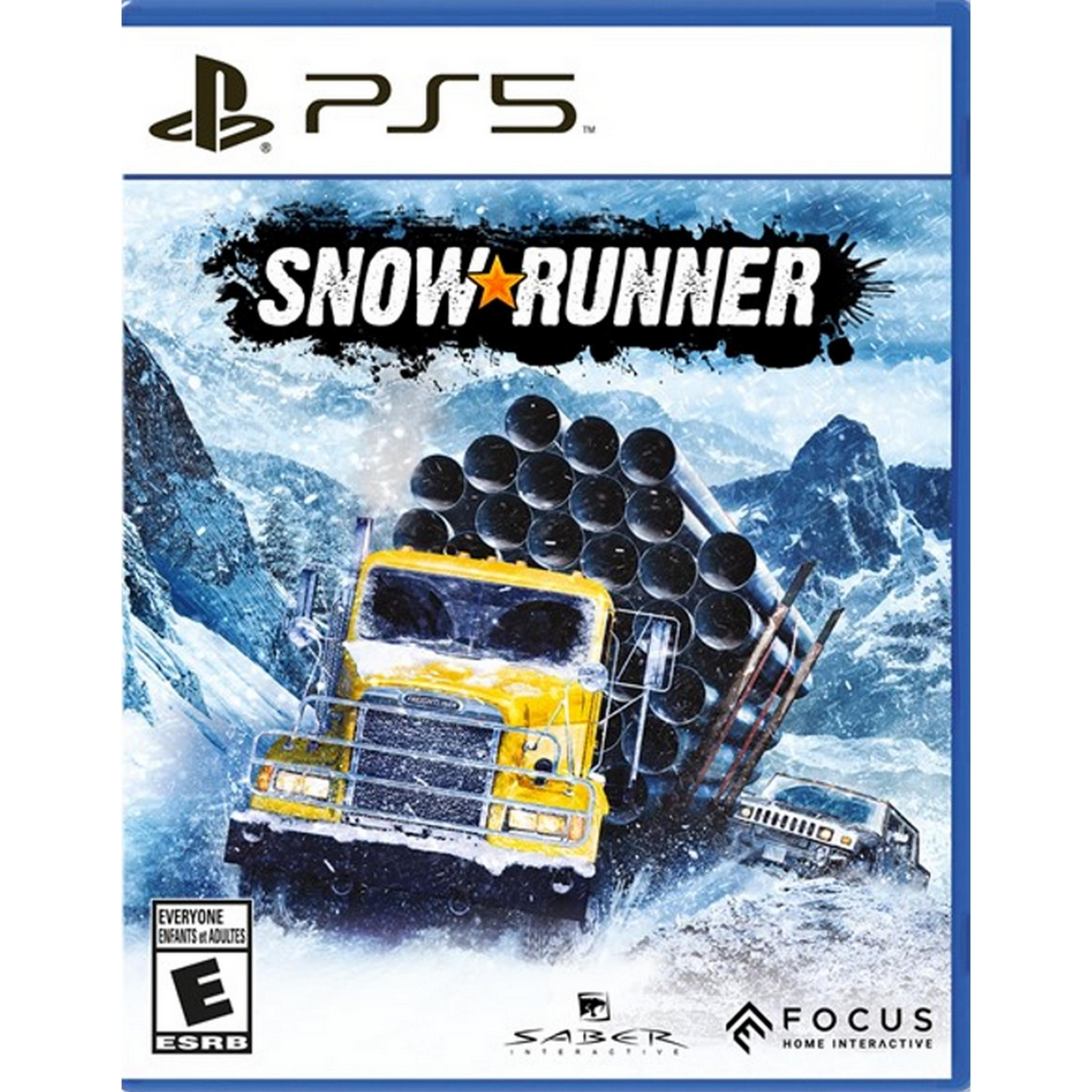 Un camion giallo trasporta tubi in montagne innevate, copertina gioco PS5.