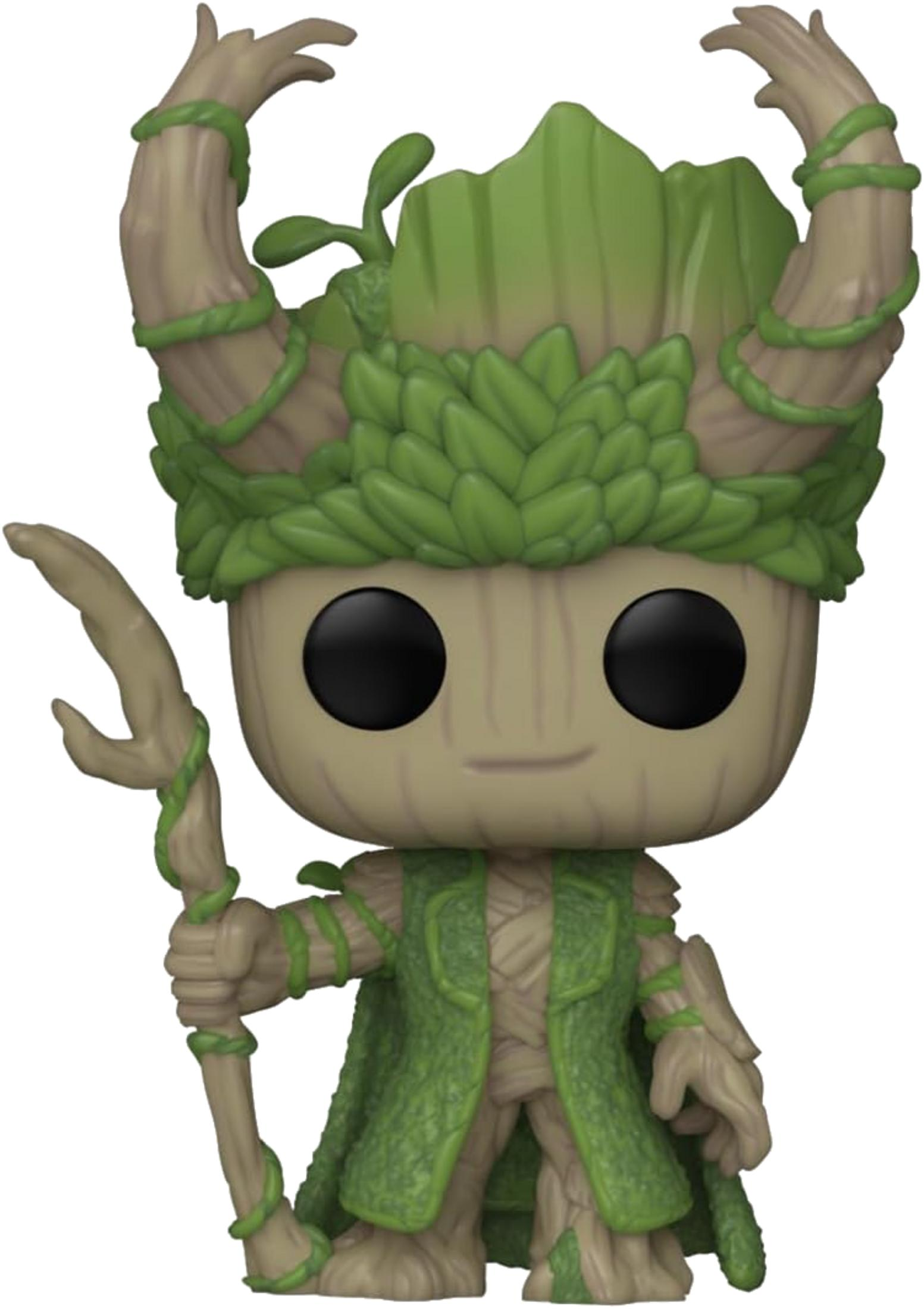 Una pequeña figura estilo Groot con corona de hojas verdes y bastón de madera.