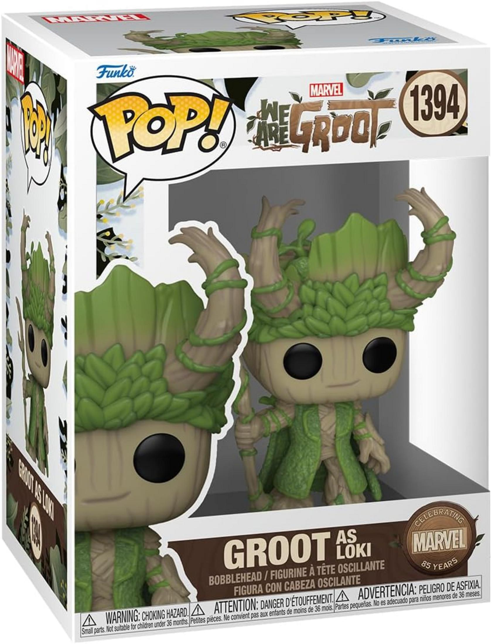 Figura Funko Pop! de Groot como Loki en caja con logo Marvel y número 1394.