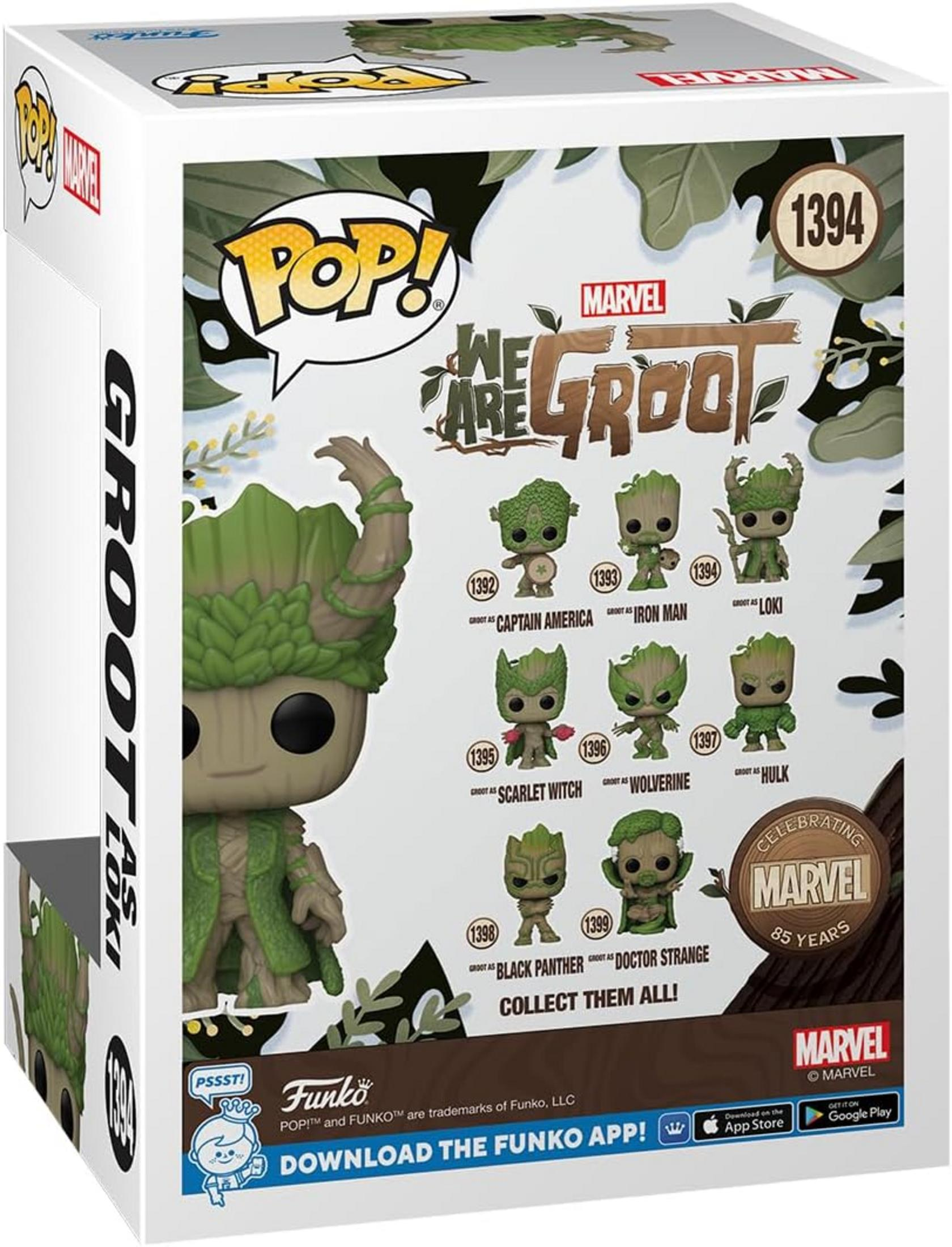 Caja Funko Pop! con personajes de Marvel. Groot como Loki está al frente.