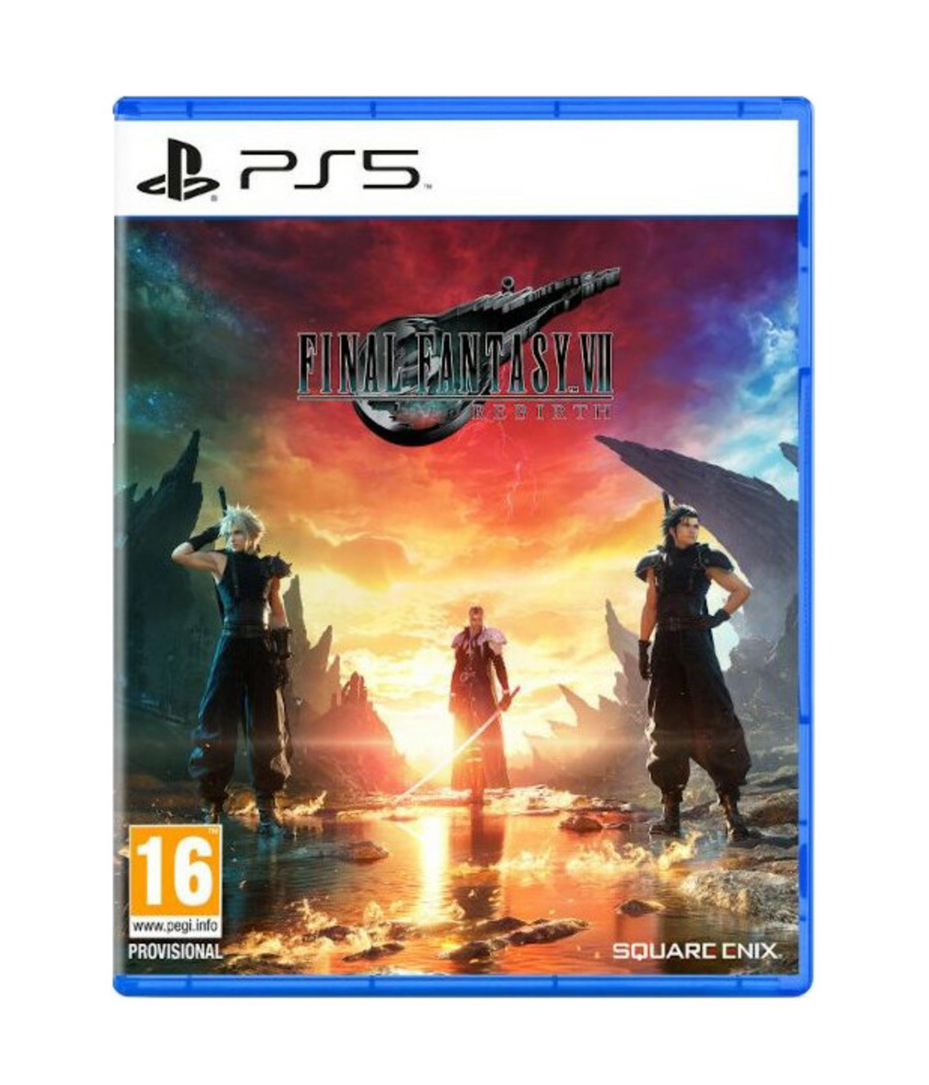 Copertina PS5 Final Fantasy VII Rebirth. Tre uomini in abiti scuri in un paesaggio acquatico al tramonto infuocato.