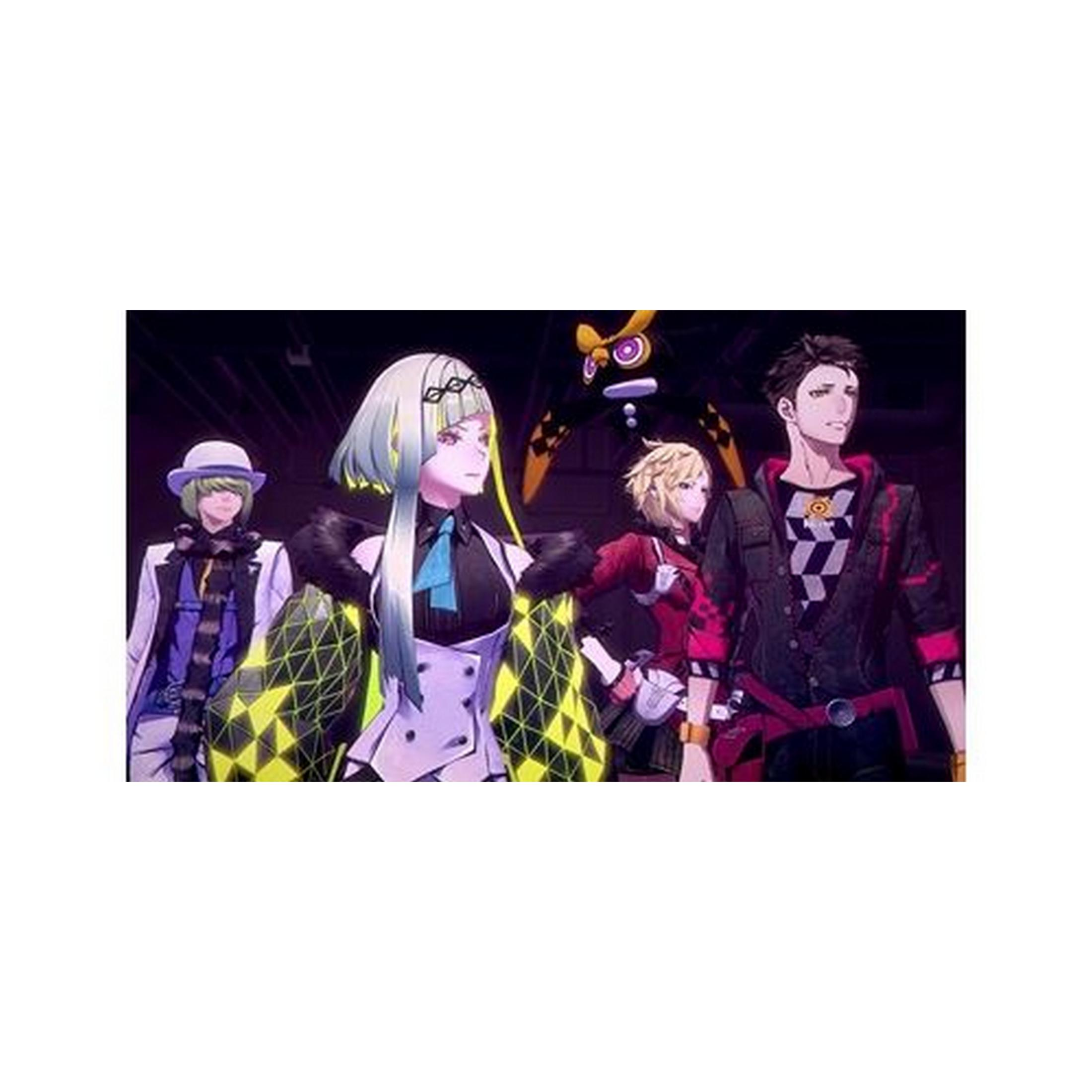 Cuatro personajes se paran juntos. Uno al frente tiene pelo blanco, top negro y falda morada.