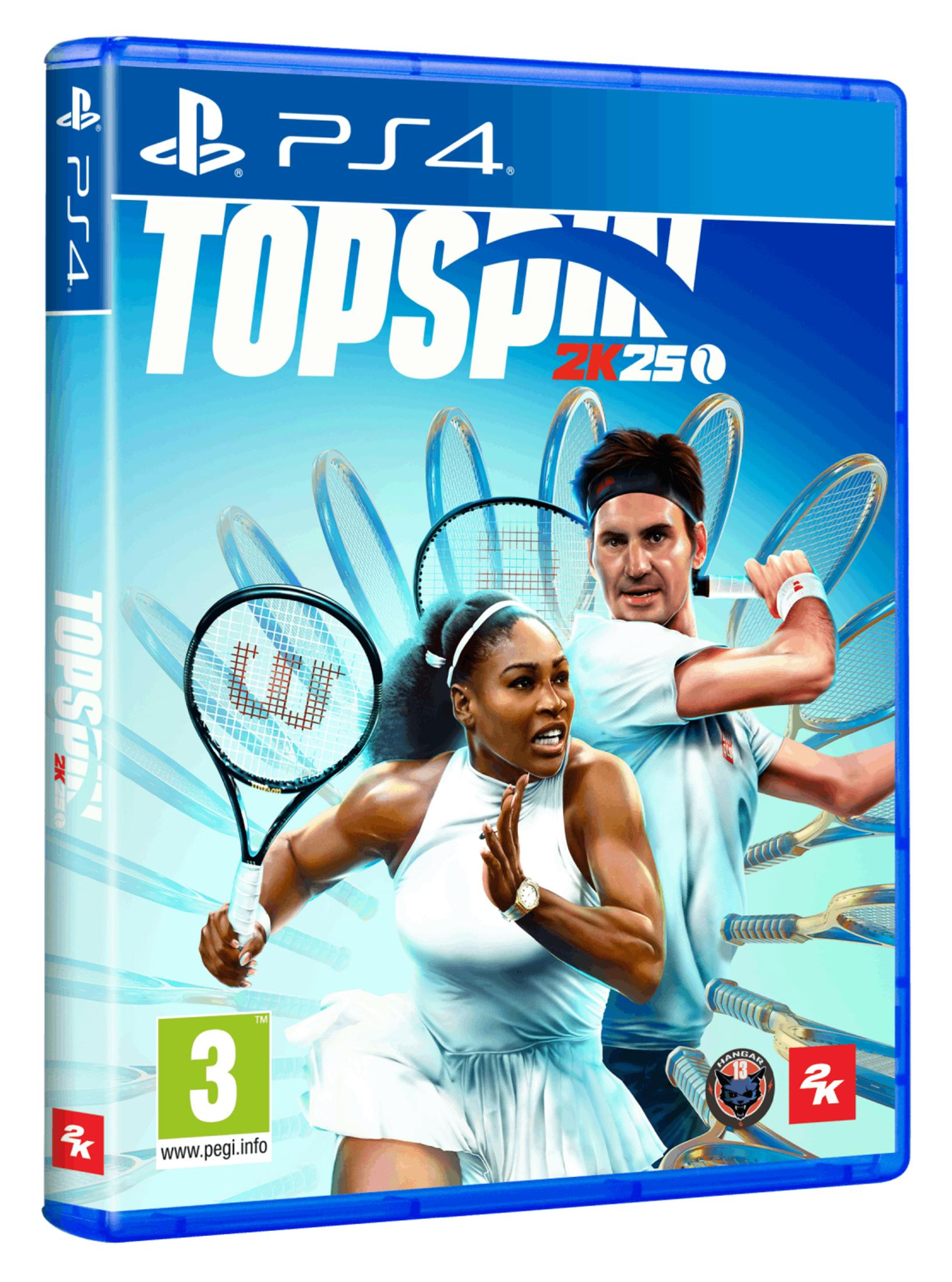 Copertina del gioco Topspin 2K25 PS4 con Serena Williams e Roger Federer.