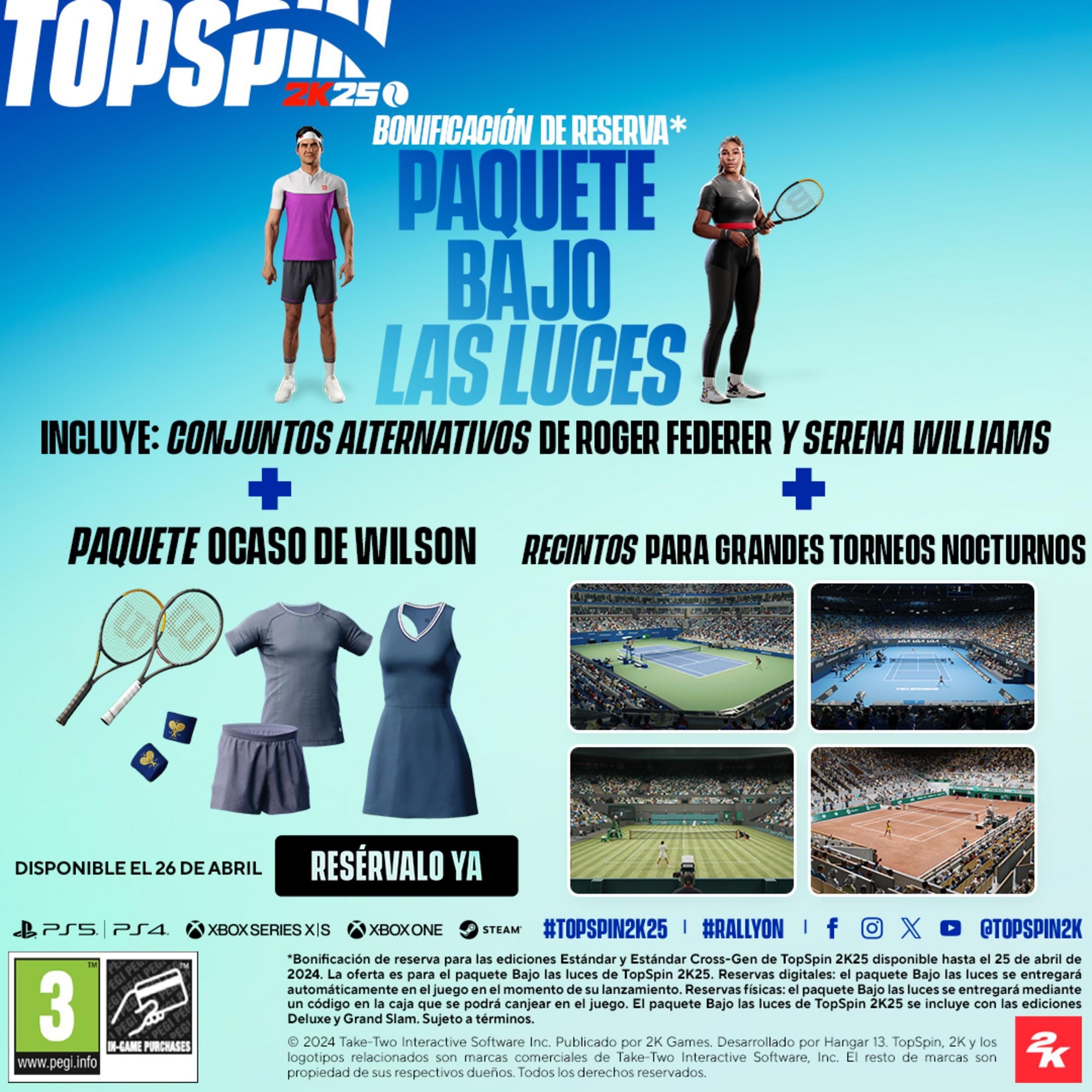 Annuncio TopSpin 2K25 con Roger Federer e Serena Williams, contenuti e arene di gioco.