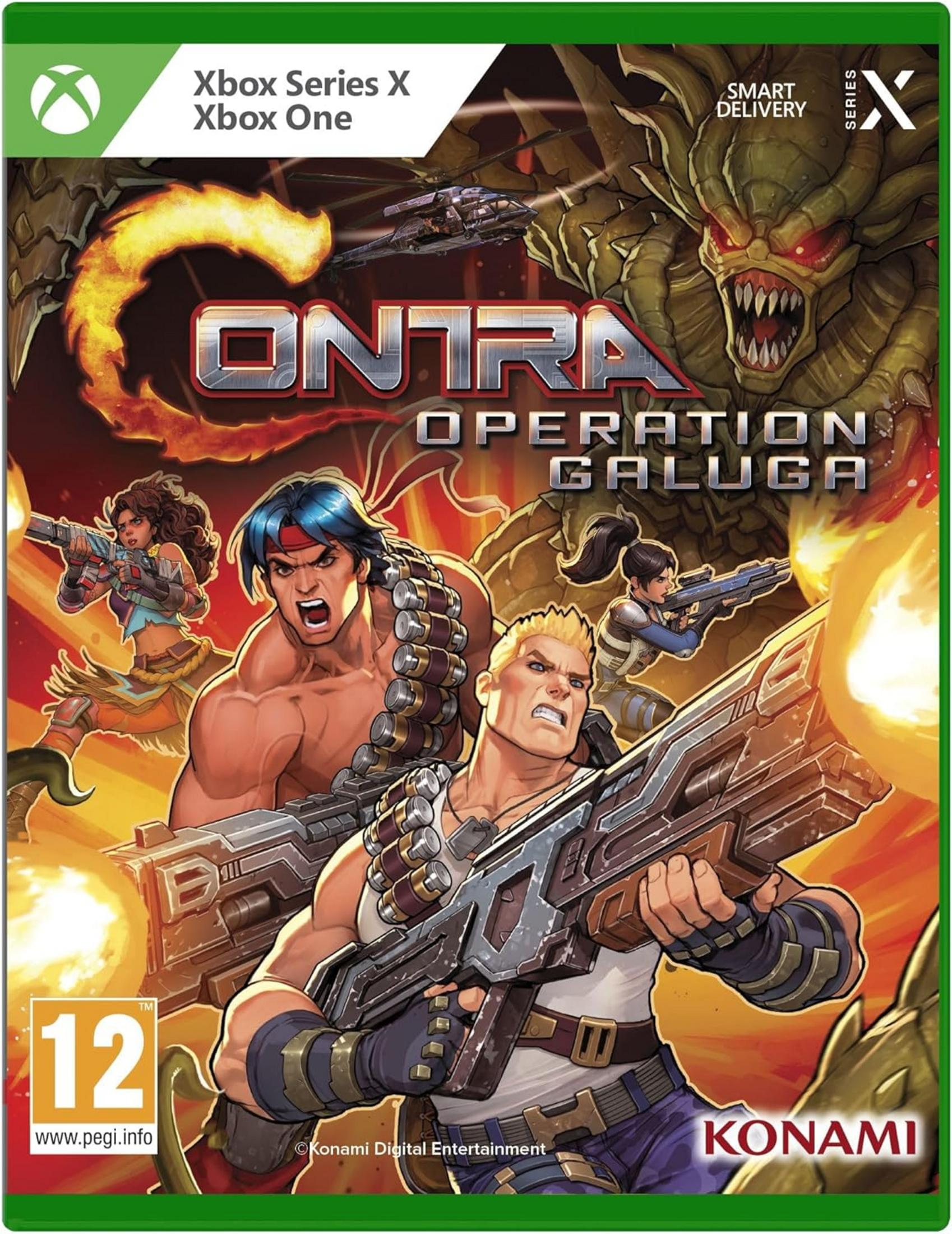 Copertina del gioco Contra: Operation Galuga con quattro personaggi e un mostro.