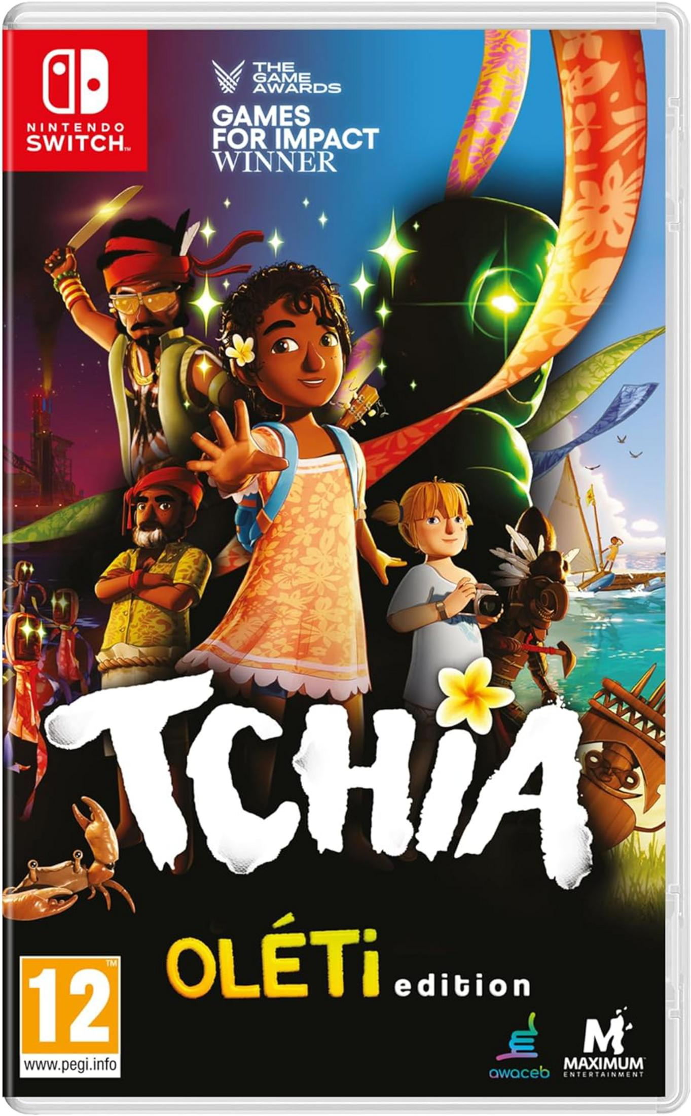 Copertina del gioco Tchia con 4 personaggi, logo Nintendo Switch, età 12.