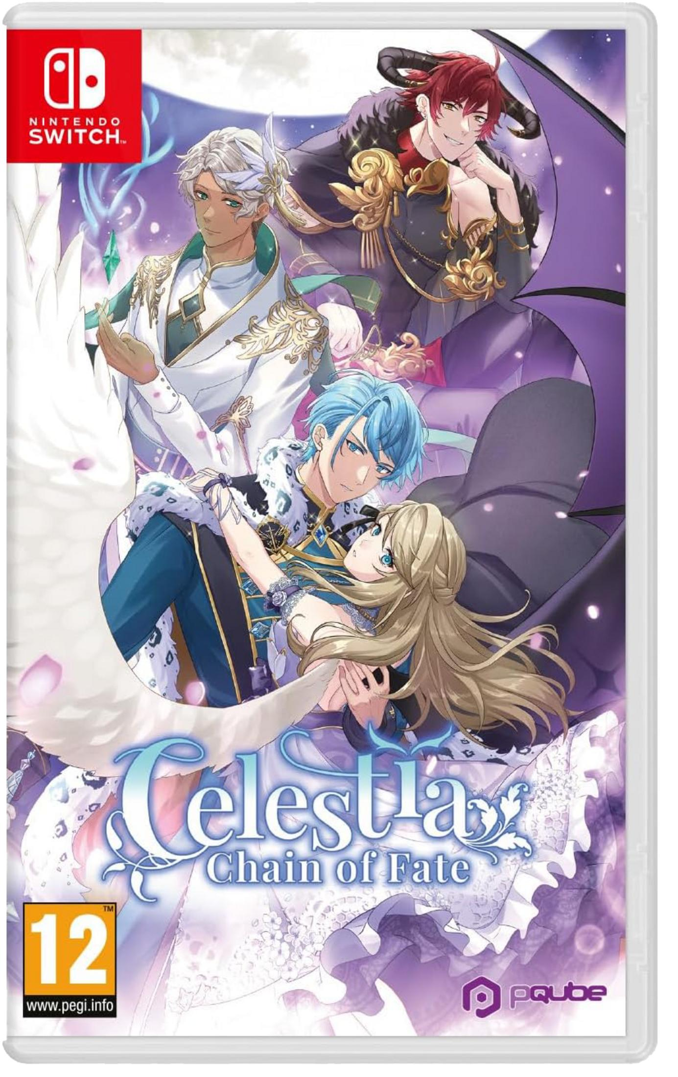 Copertina del gioco Nintendo Switch con quattro personaggi anime e il titolo 'Celestia: Chain of Fate'.