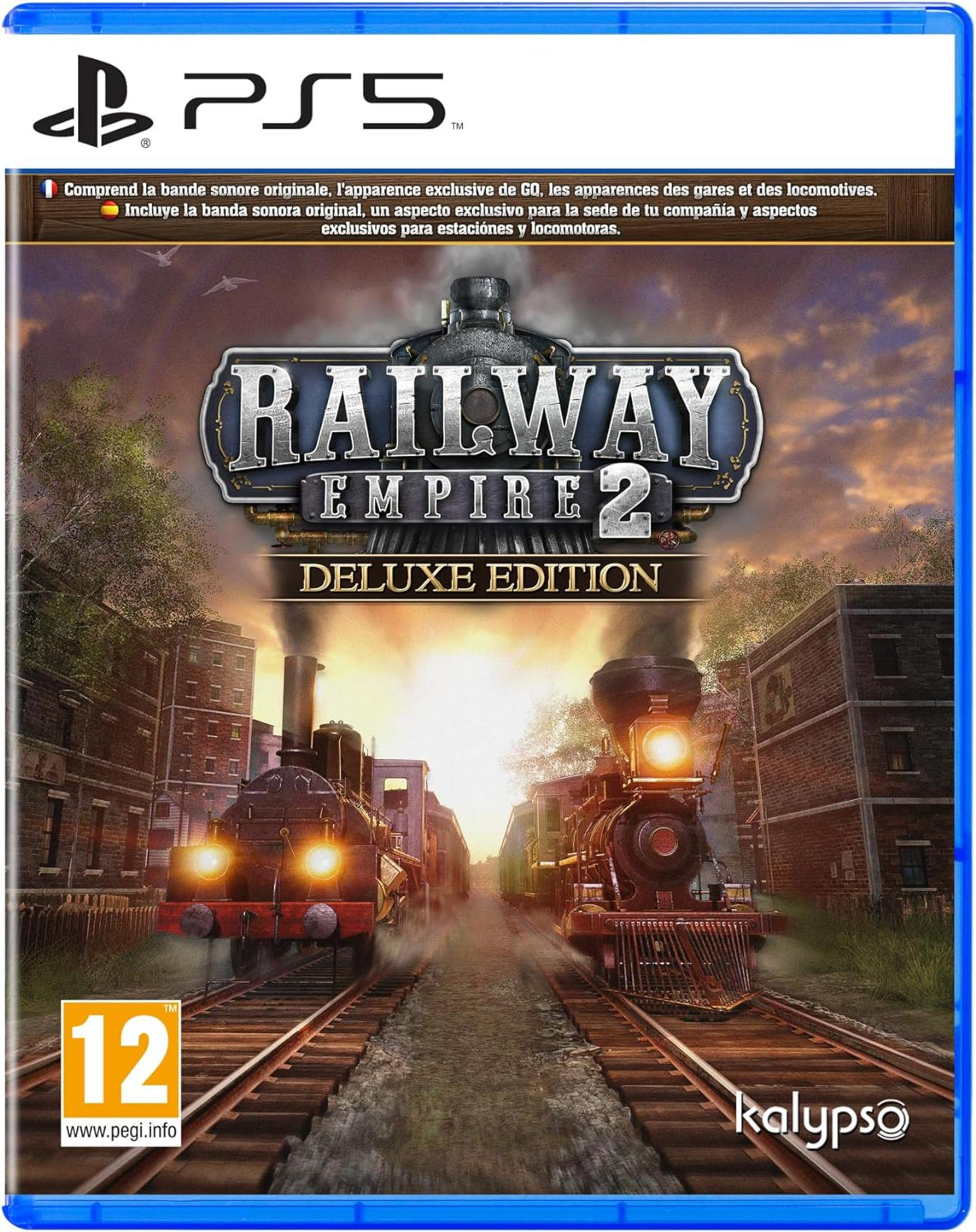 Copertina del gioco PS5 Railway Empire 2 Deluxe Edition con due locomotive a vapore.