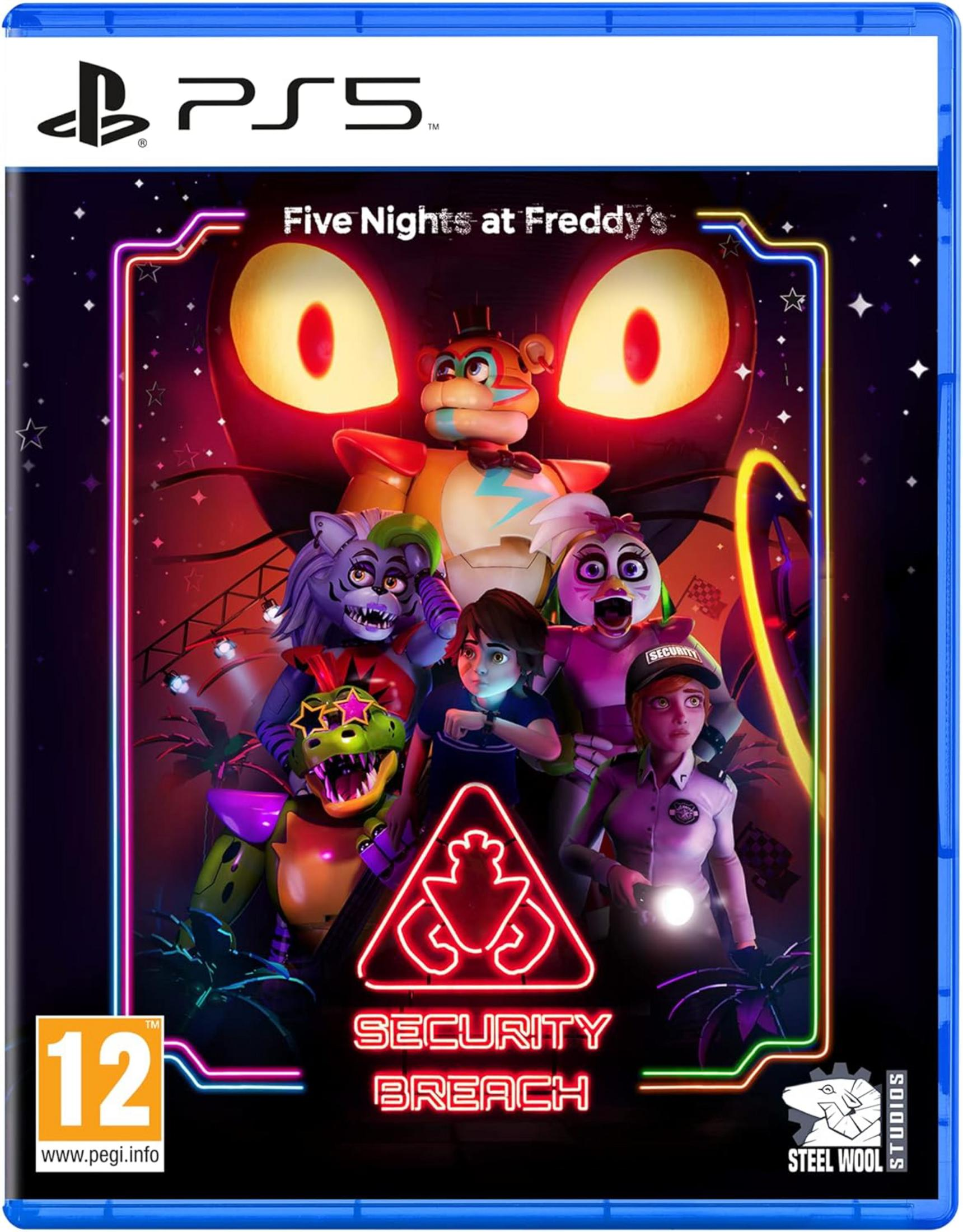 Copertina gioco PS5: Freddy Fazbear e amici con Gregory, Roxanne, Chica, Monty e guardie.