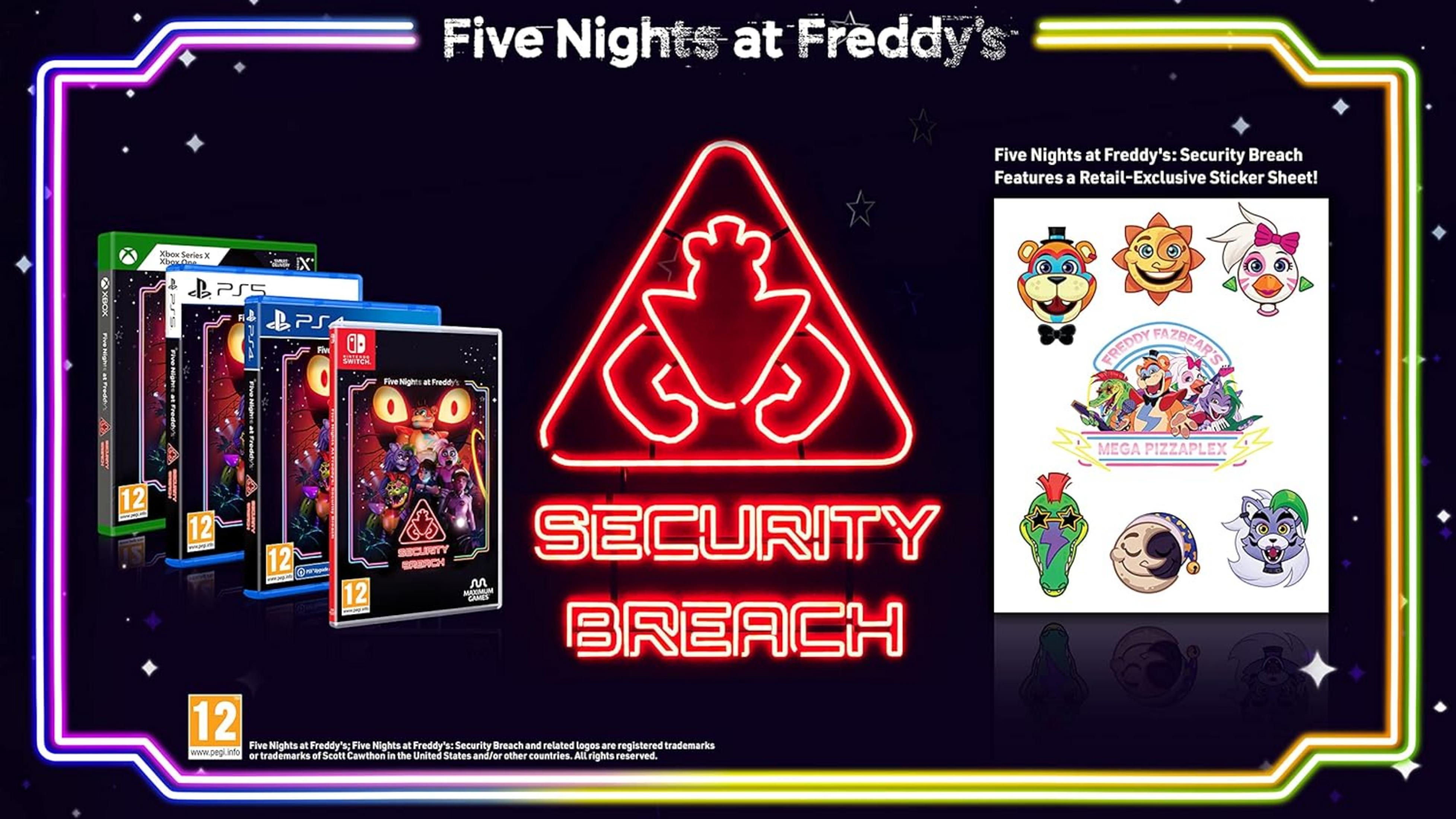 Copertine di videogiochi, un segnale di avvertimento di sicurezza al neon rosso e adesivi per Five Nights at Freddy's.
