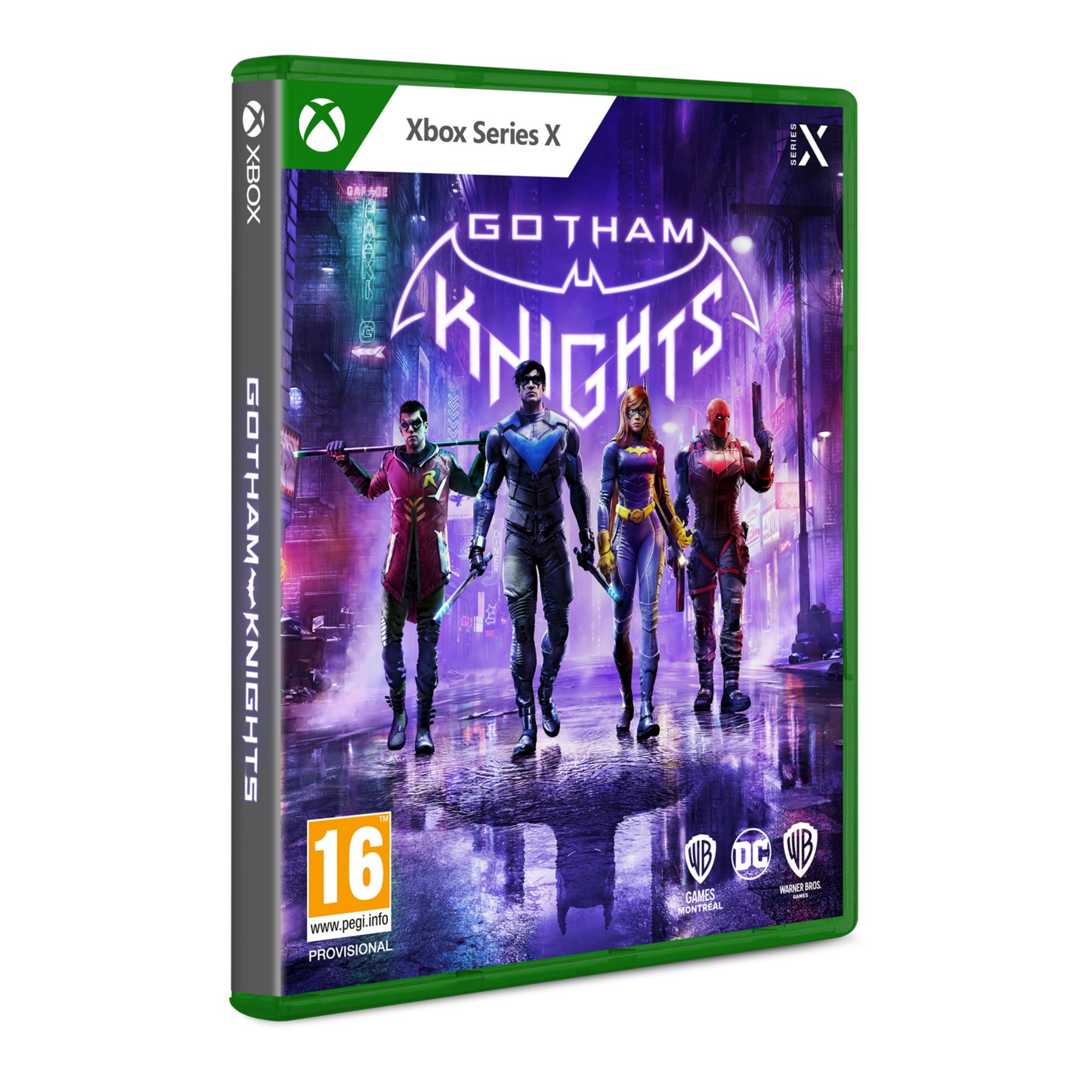 Caja de Xbox Series X con Gotham Knights: Robin, Nightwing, Batgirl, Red Hood.