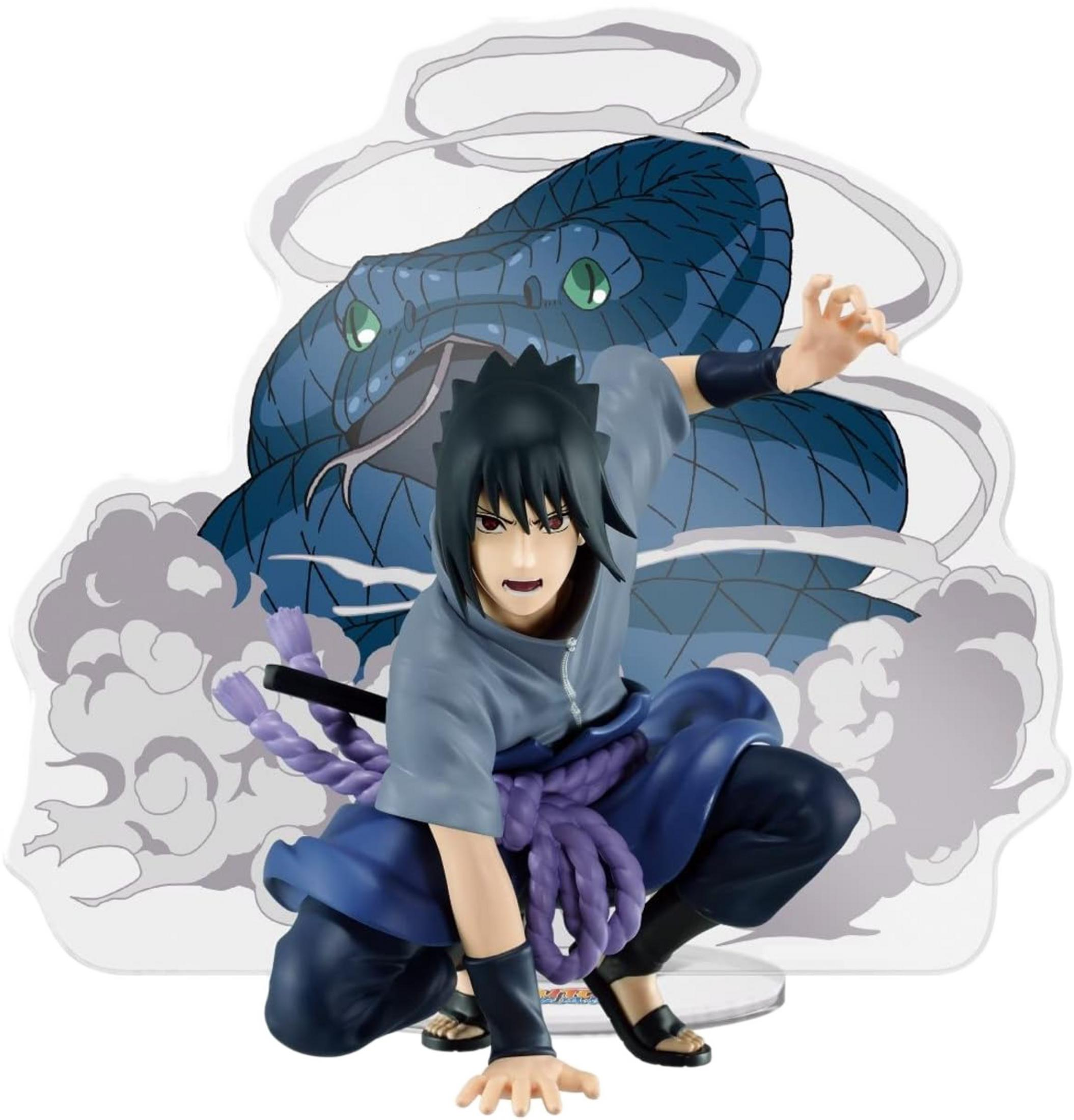 Ein Anime-Charakter in blauer Kleidung kauert vor einer blauen Schlange mit grünen Augen.