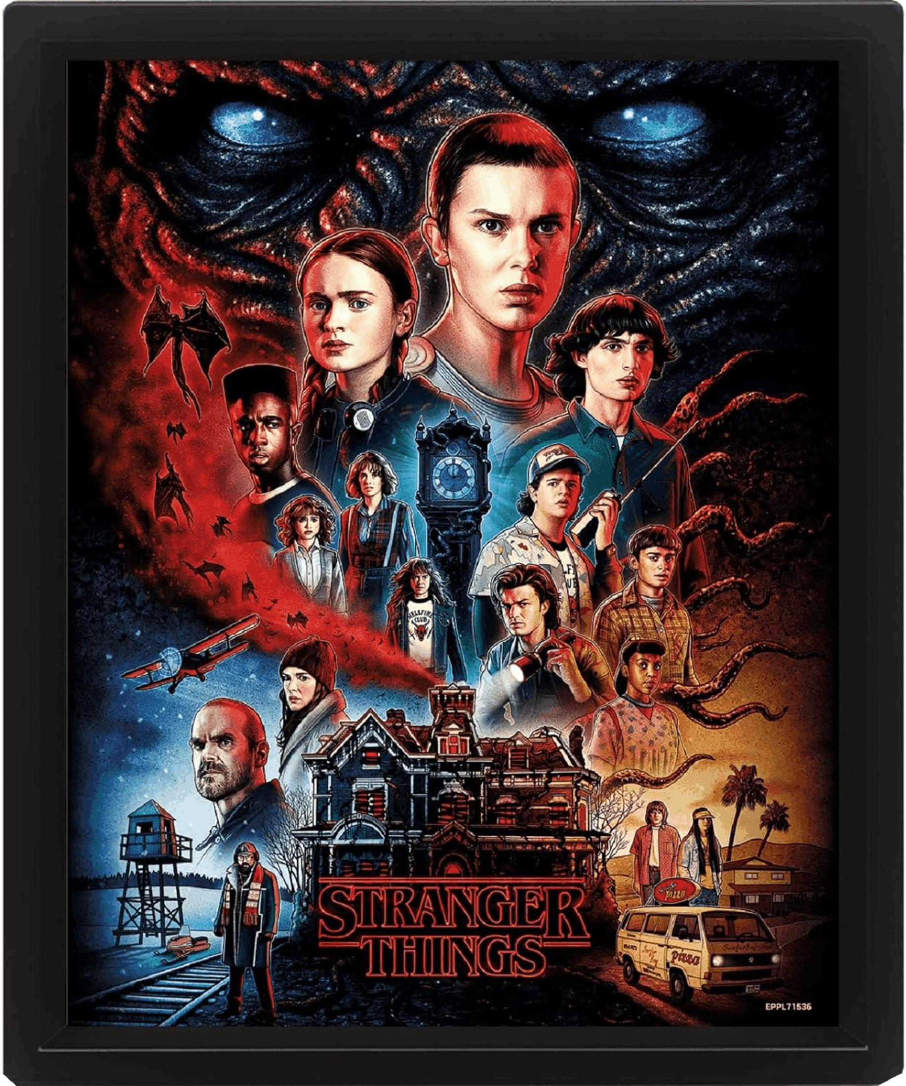 Póster de Stranger Things con personajes, casa y ojos de monstruo.