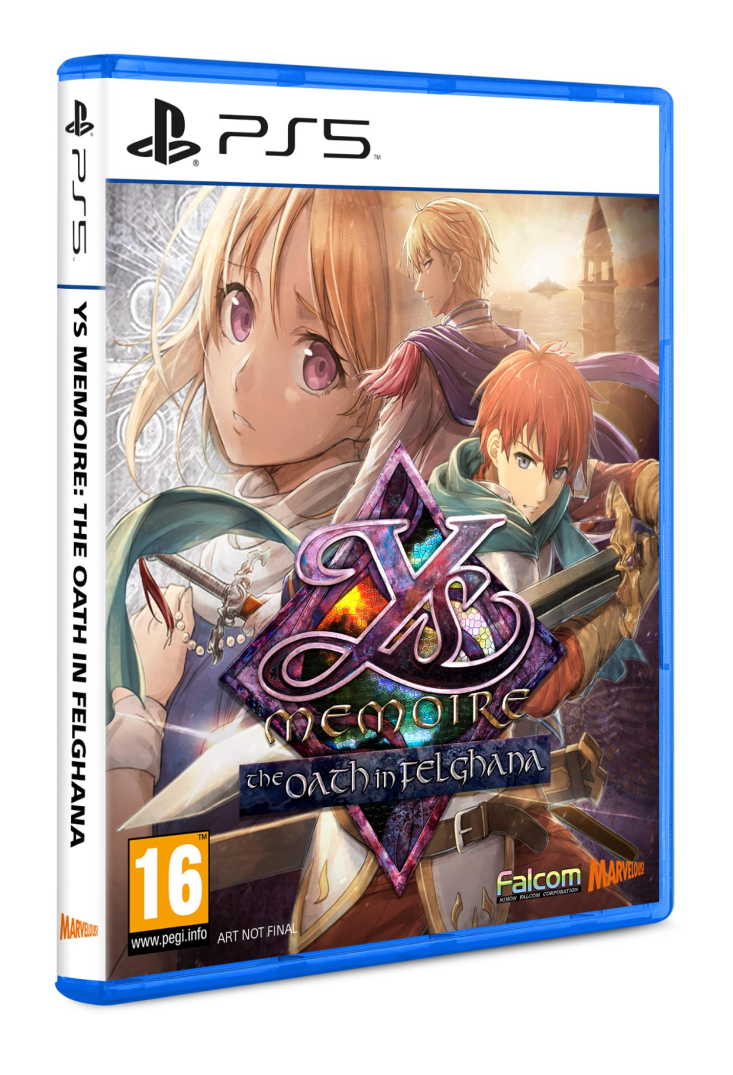 Portada del juego PS5: Ys Memoire: The Oath in Felghana. Arte anime con 3 personajes.