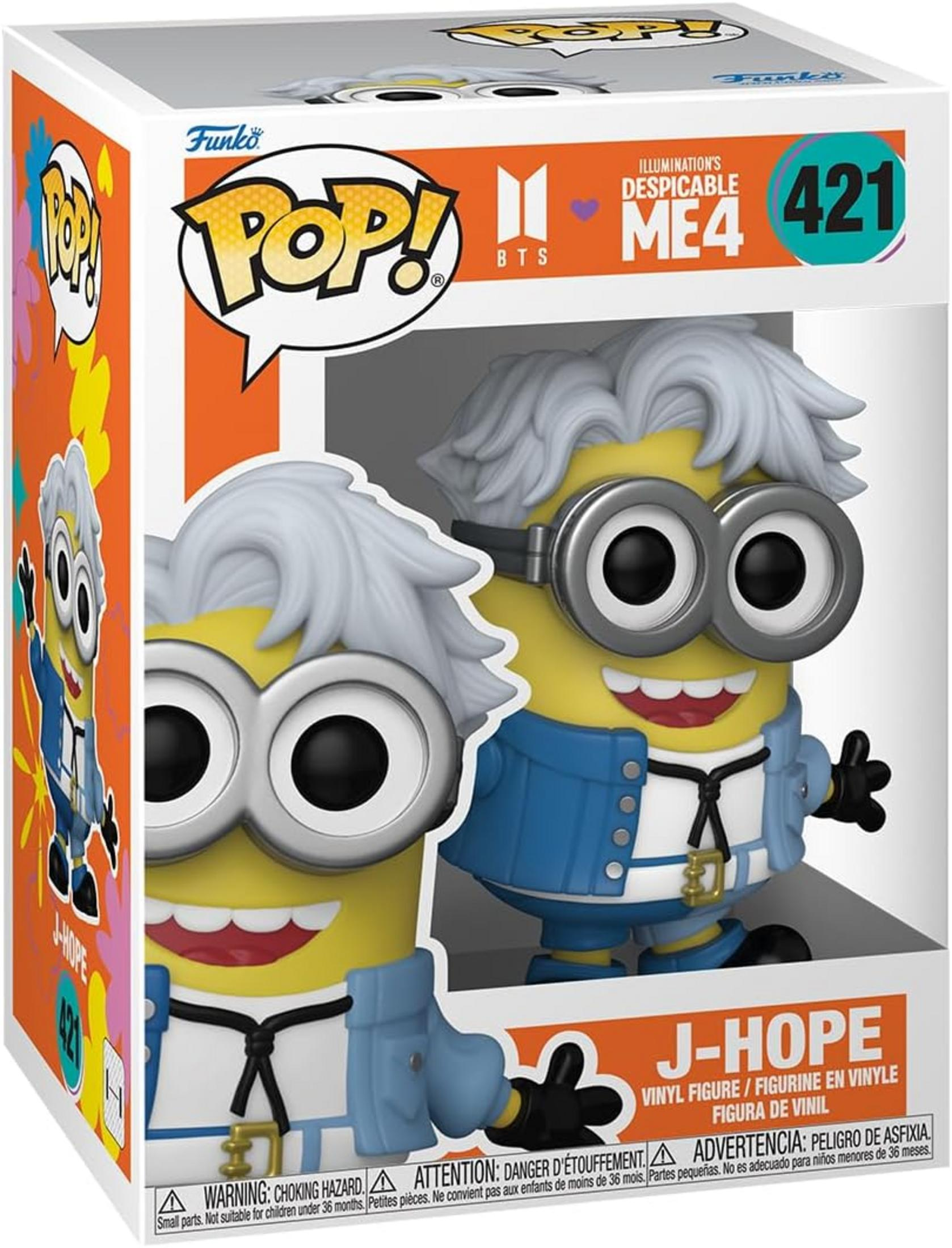 Action figure Funko Pop di J-Hope da Cattivissimo Me 4, con capelli grigi e giacca blu.