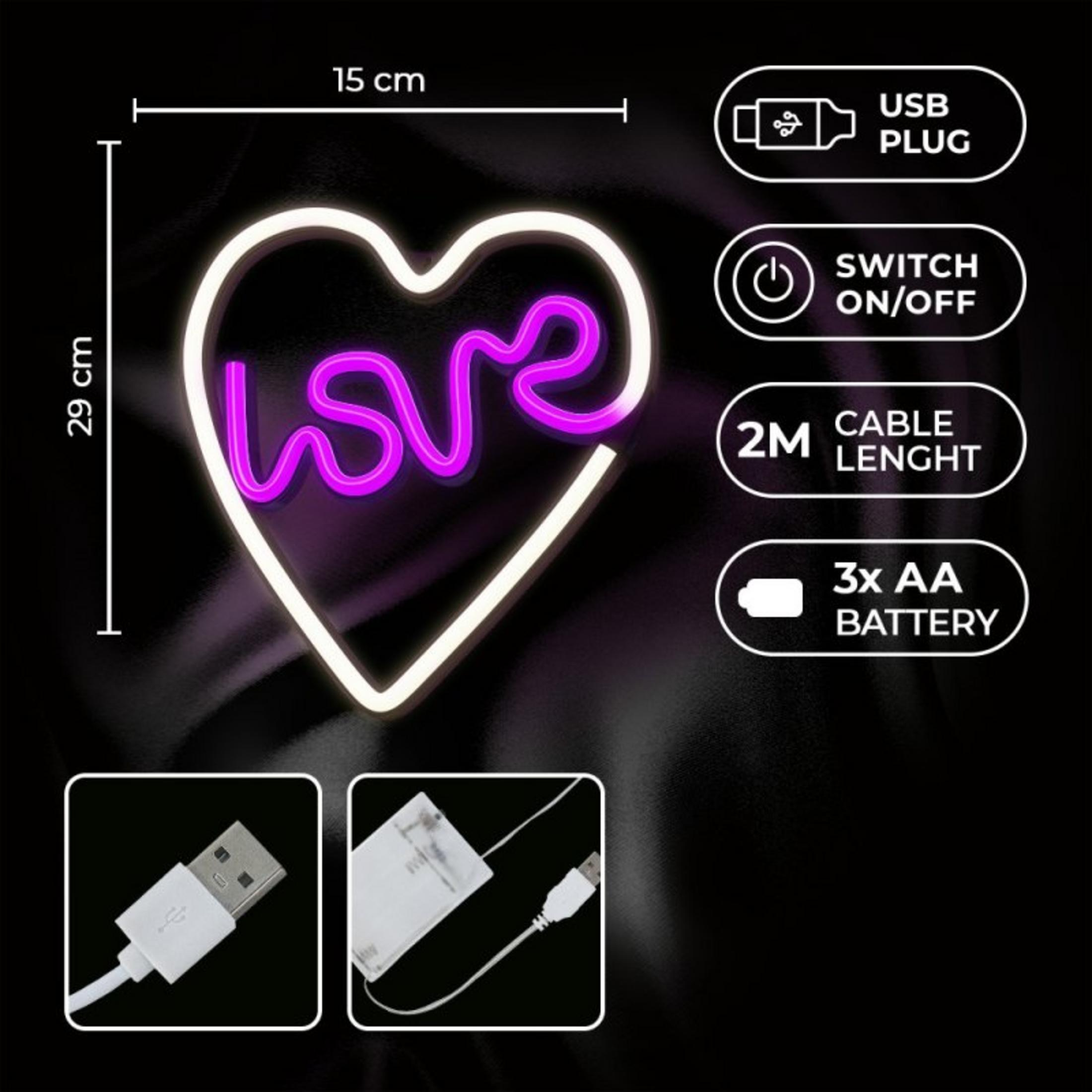 Herzförmige Neonlampe mit der Aufschrift "Love". Maße 15x29cm.