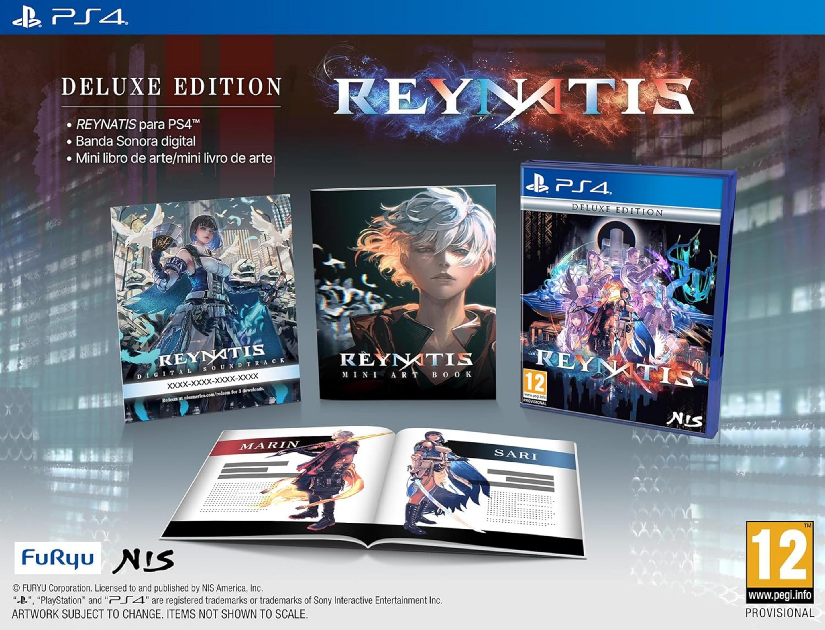 Edición Deluxe PS4 de REYNATIS: Juego, banda sonora, libro de arte. Con arte de personajes.