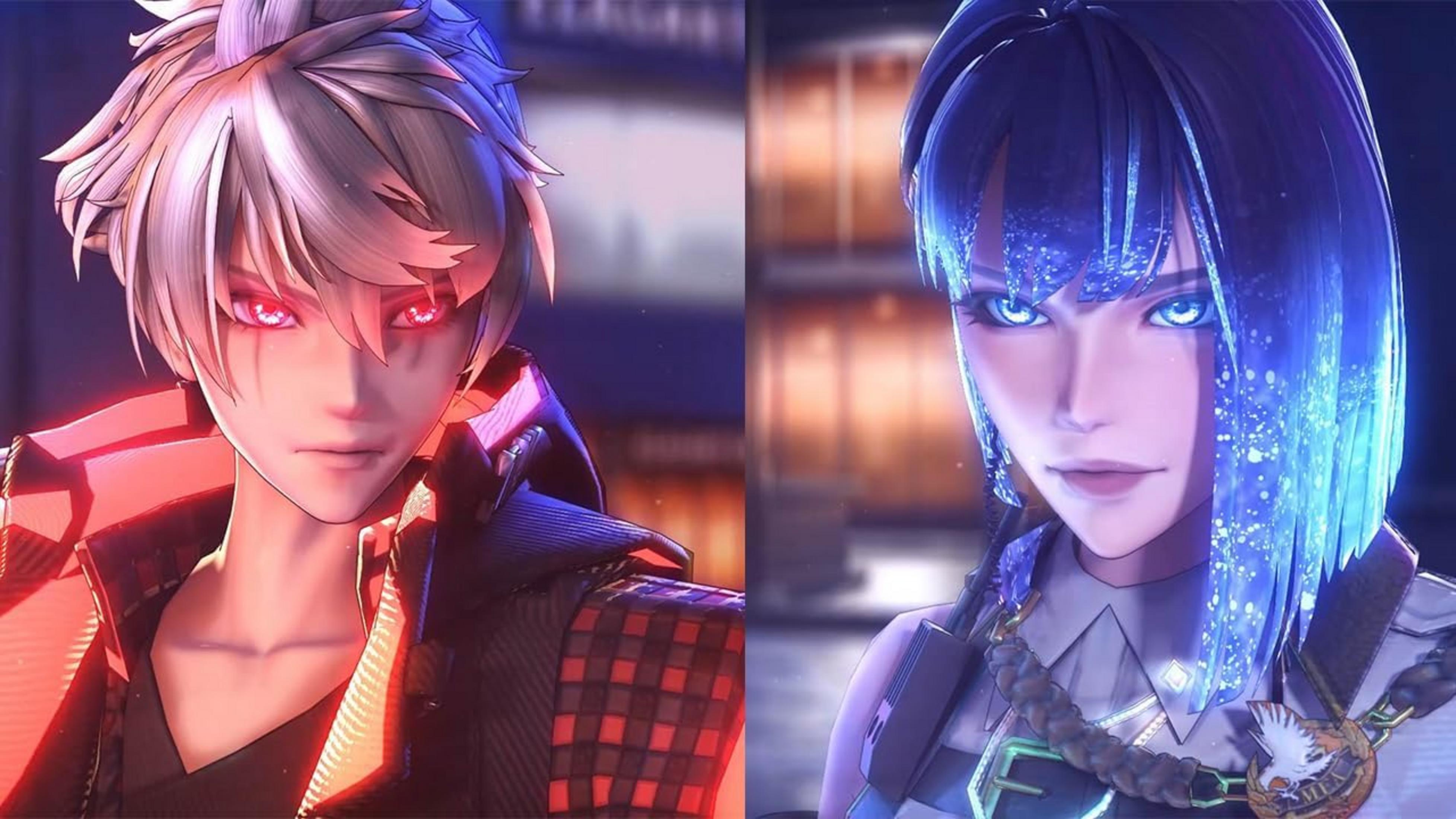 Dos personajes de anime con ojos brillantes y atuendos elegantes.