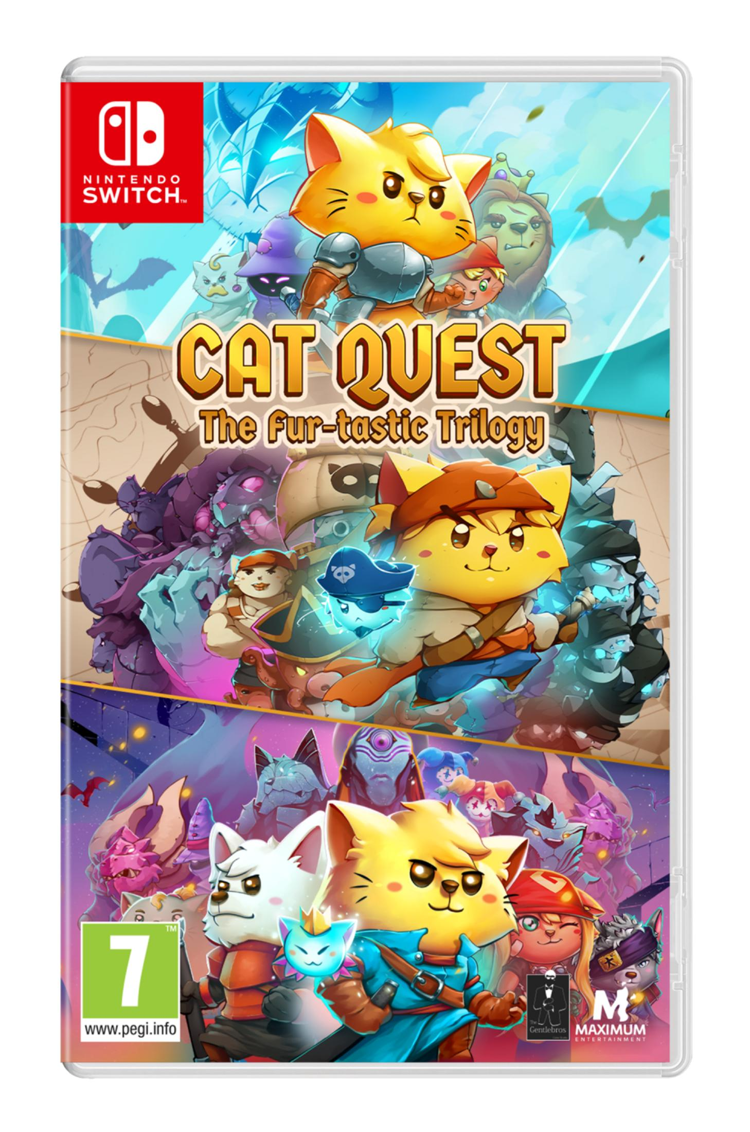 Copertina del gioco Nintendo Switch Cat Quest: The Fur-tastic Trilogy. Presenta gatti e creature.