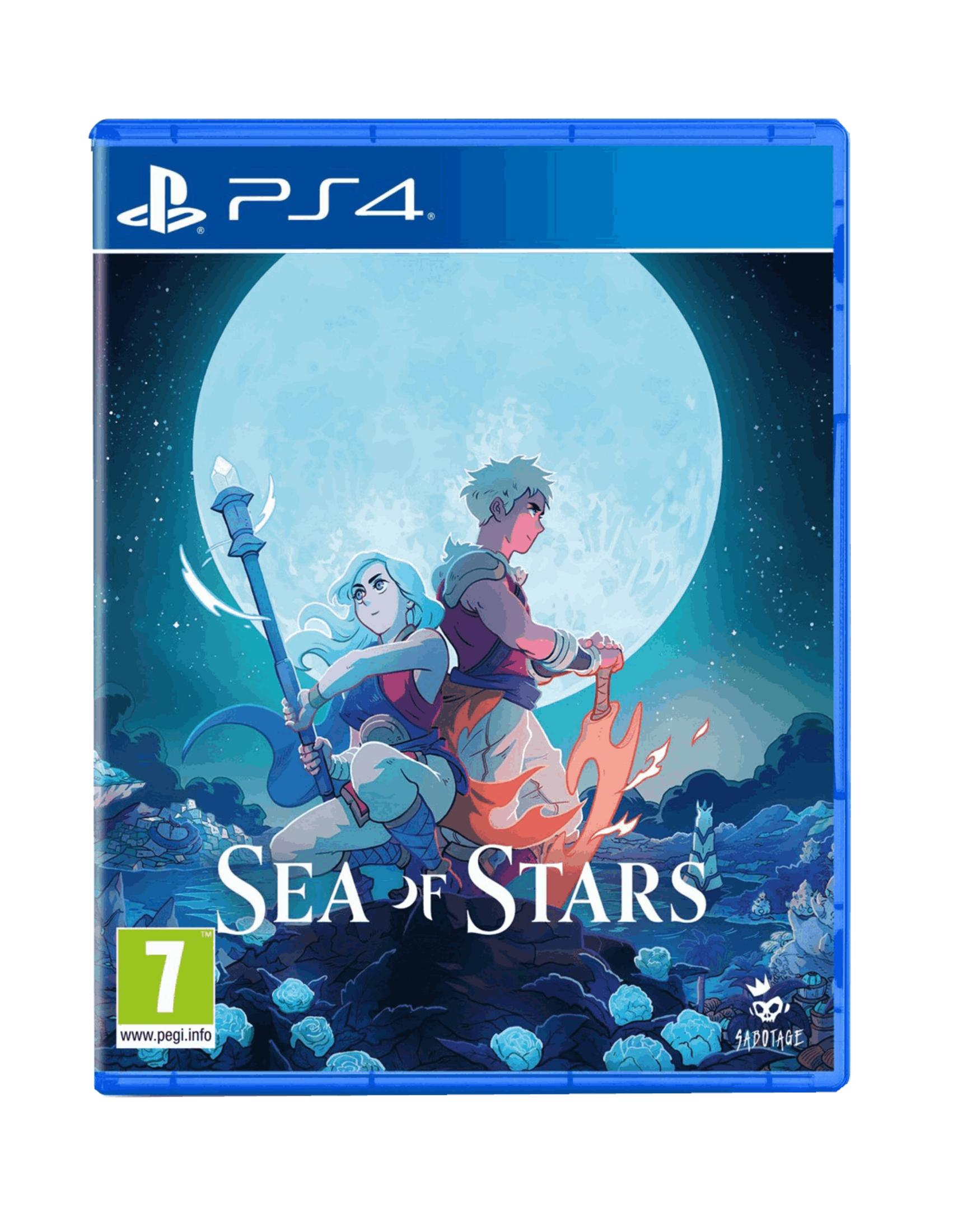 Custodia gioco PS4 con due personaggi, luna e logo 'Sea of Stars'.
