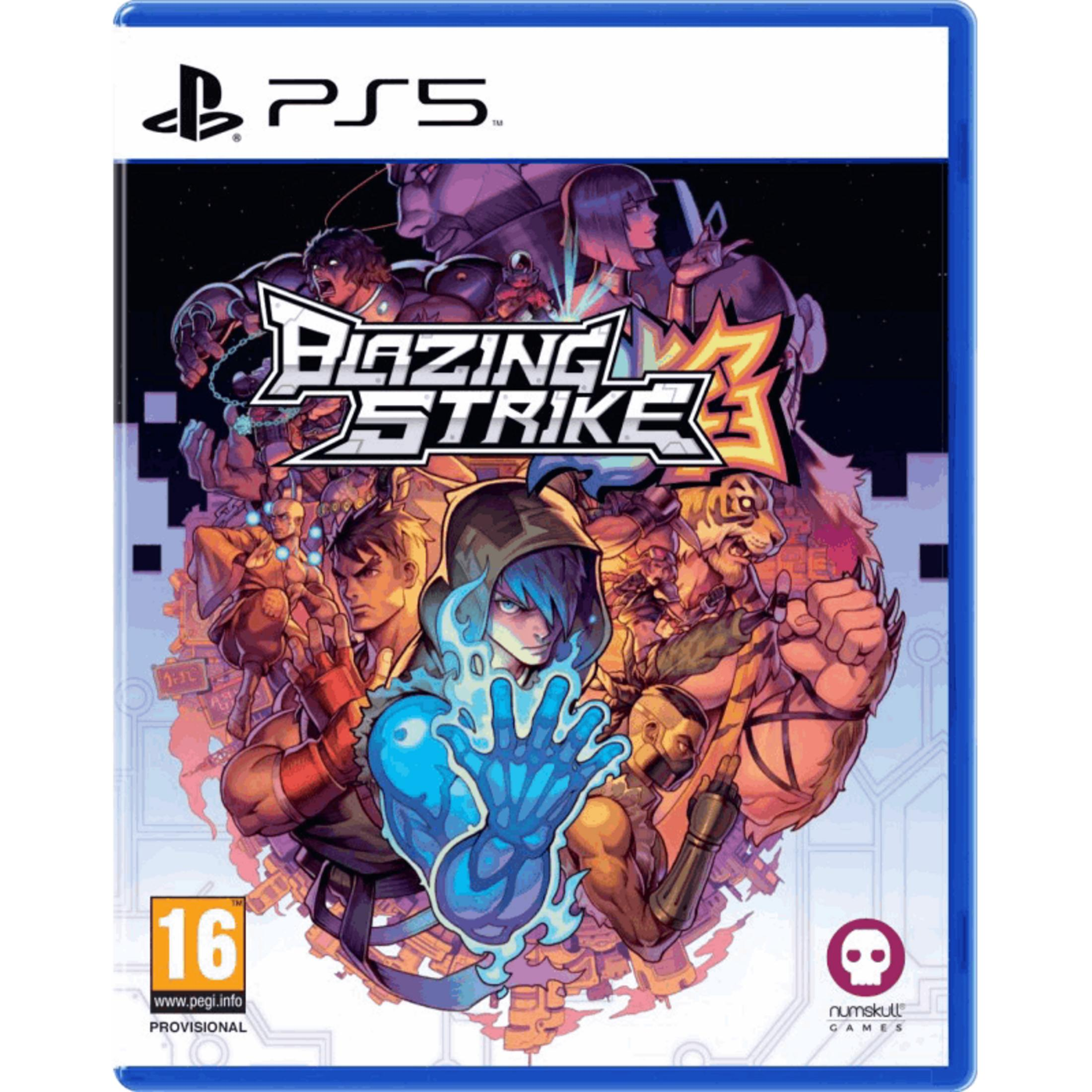 Portada del juego PS5 con personajes luchando, título Blazing Strike 3.