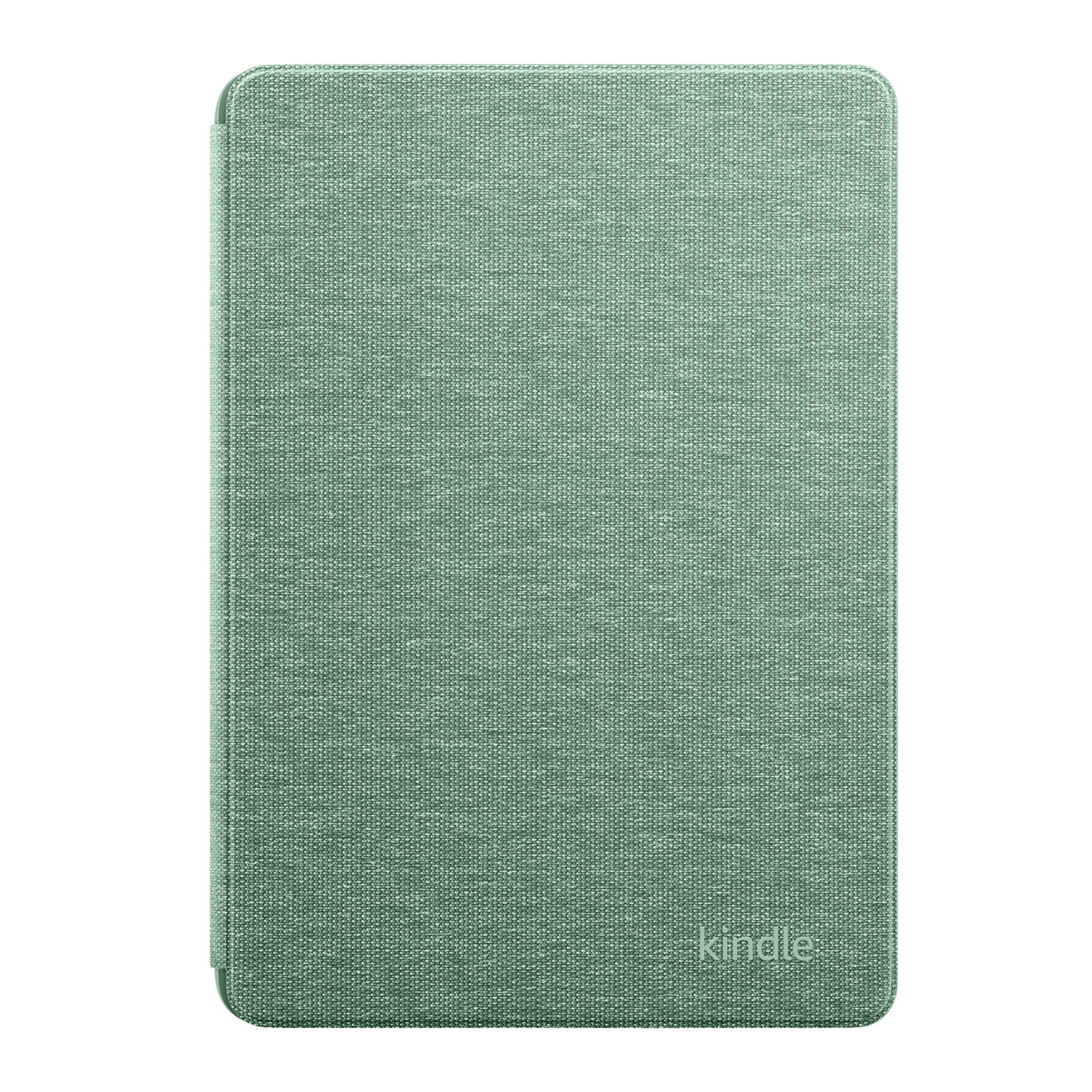 Kumaş dokulu, ince logolu yeşil Kindle kılıfı.