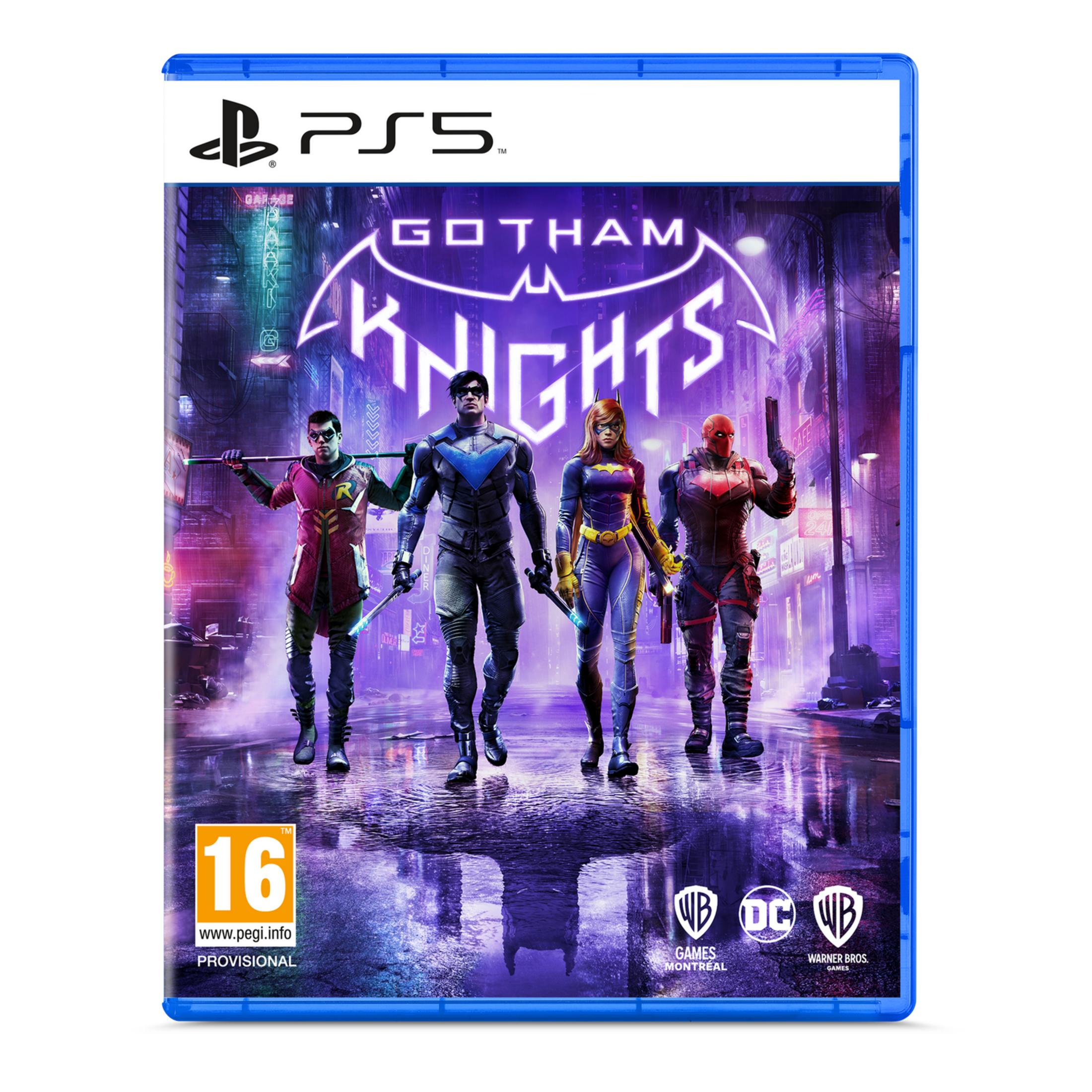Cuatro héroes en una calle mojada de ciudad con luces de neón. Caja de juego PS5.