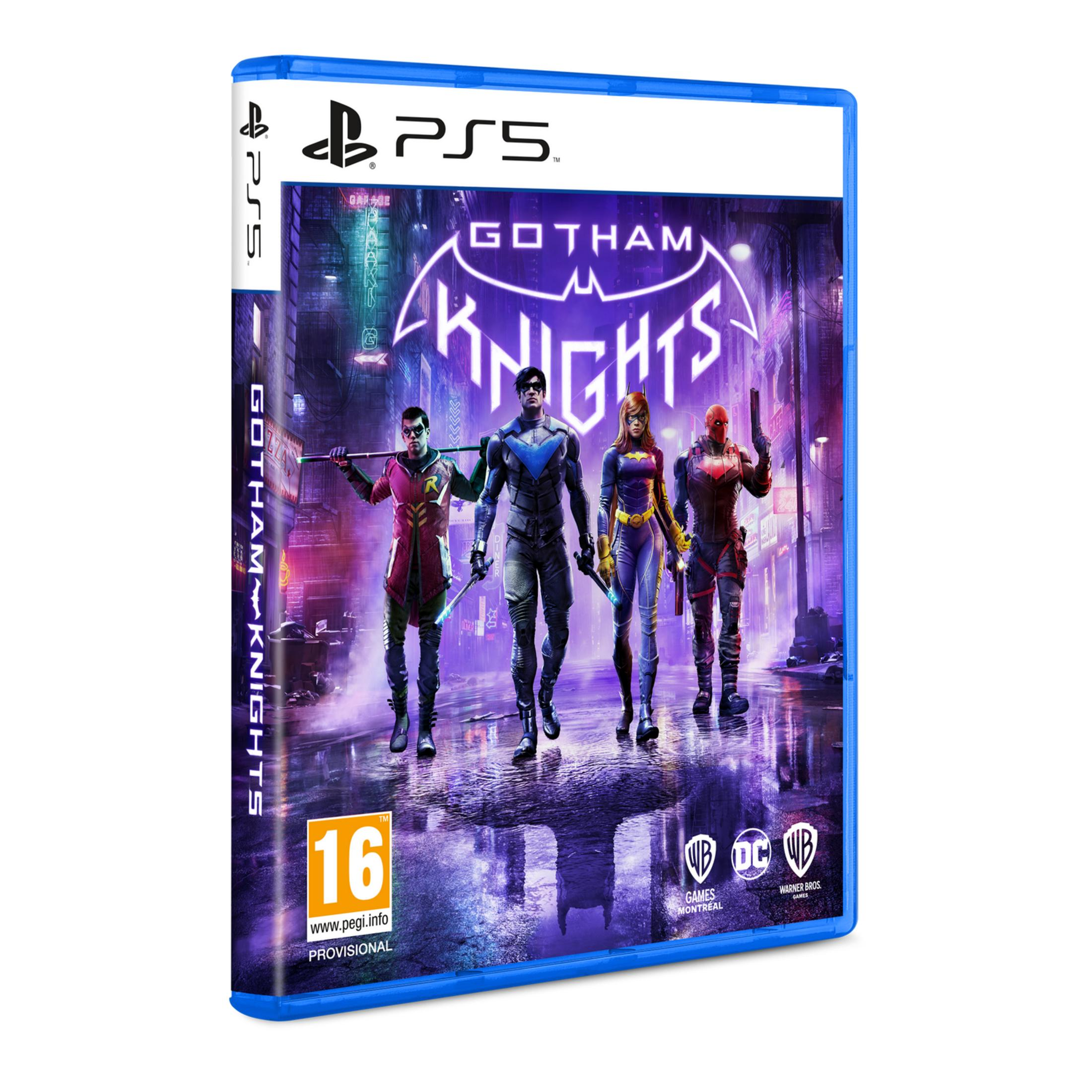 Portada PS5: Cuatro héroes en una calle mojada de Gotham.