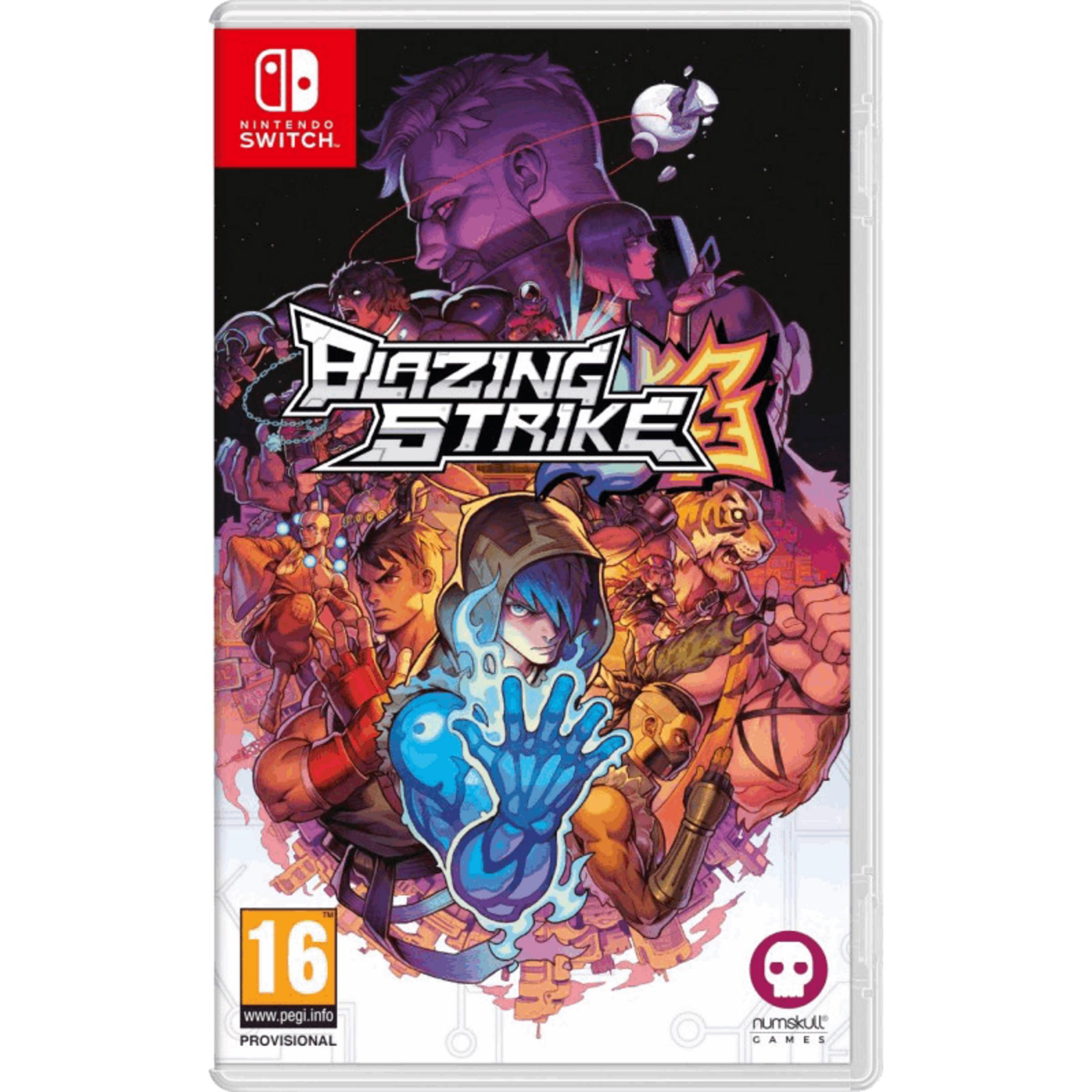 Copertina gioco Nintendo Switch con "Blazing Strike 3" e più personaggi.