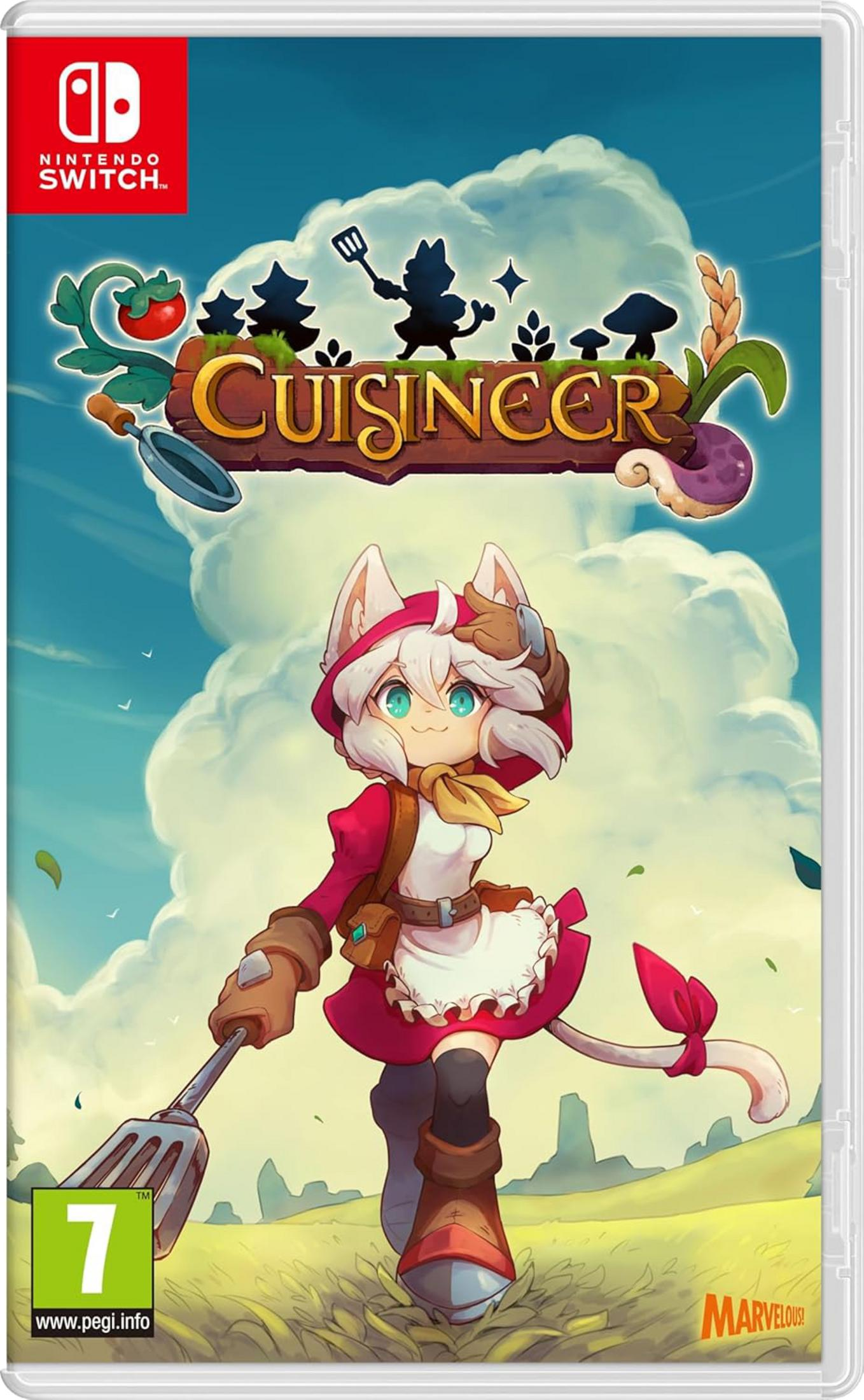 Una chica gata con utensilios de cocina ante un cielo nublado. Logo "Cuisineer".