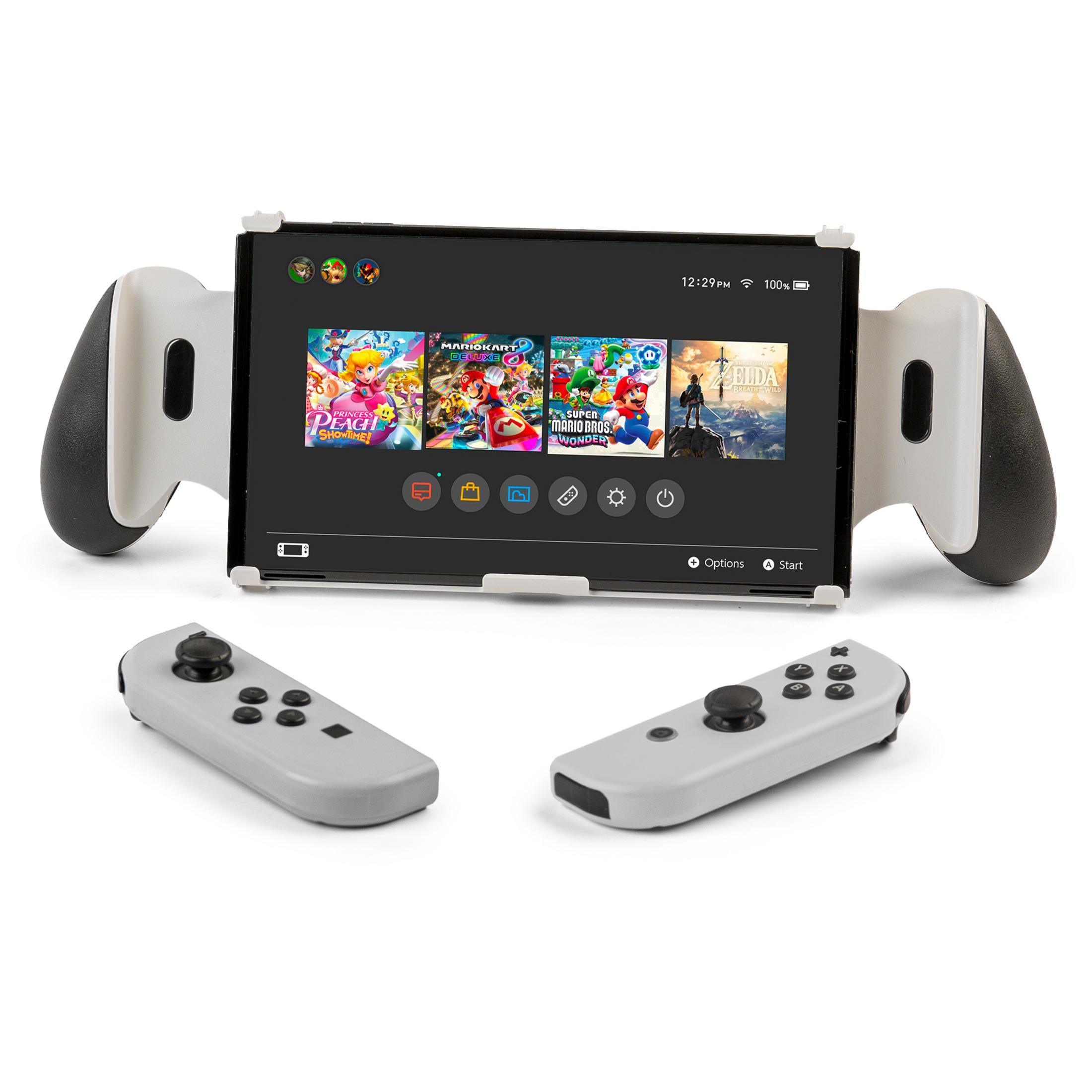 Nintendo Switch con juegos como Zelda, Mario y Peach; dos Joy-Cons a su lado.