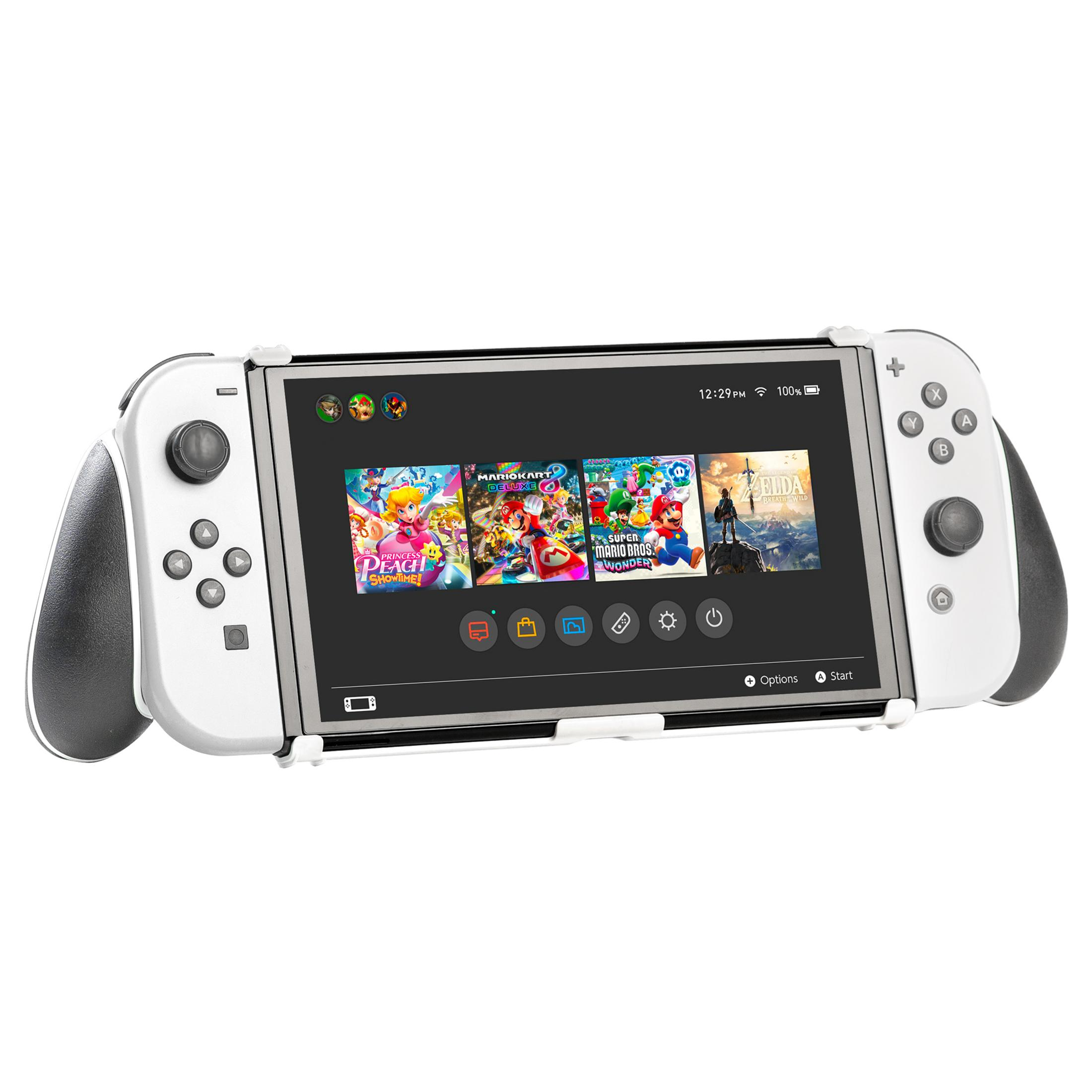 Una consola Nintendo Switch blanca mostrando iconos de juegos como Zelda y Mario.