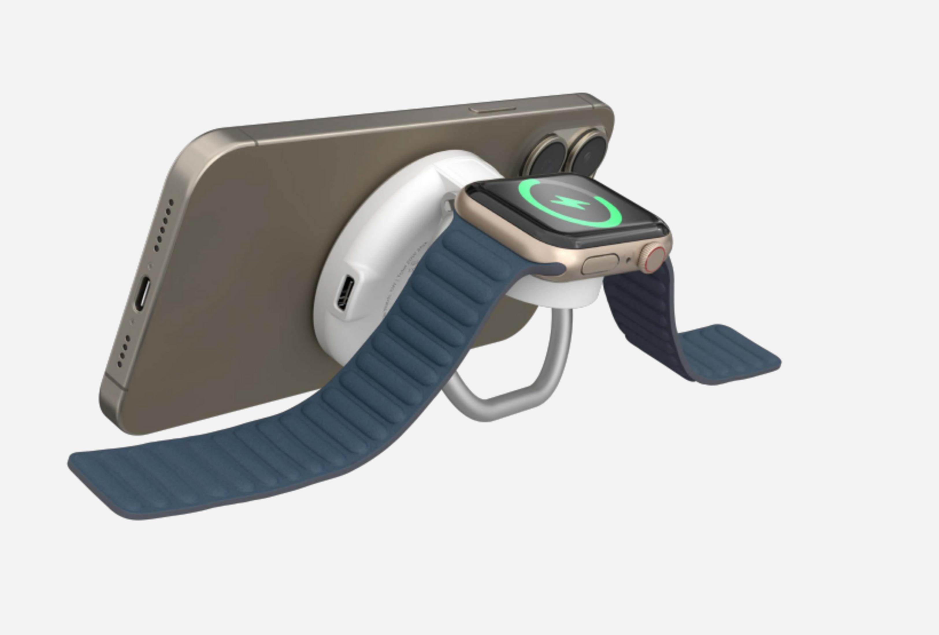 Un iPhone dorado con cargador de pulsera azul para un reloj inteligente.