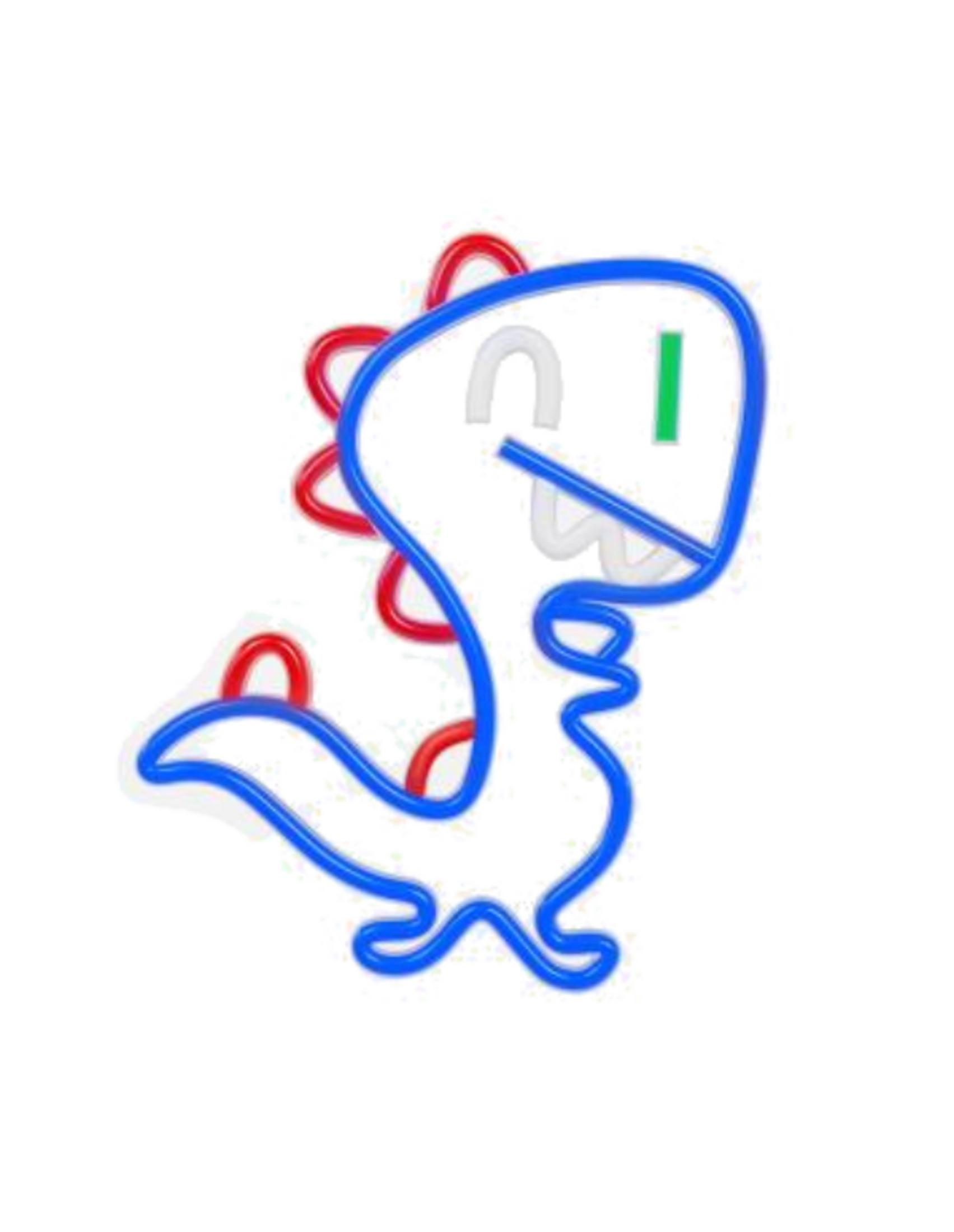 Un dinosaurio de neón azul con detalles rojos y cara blanca.