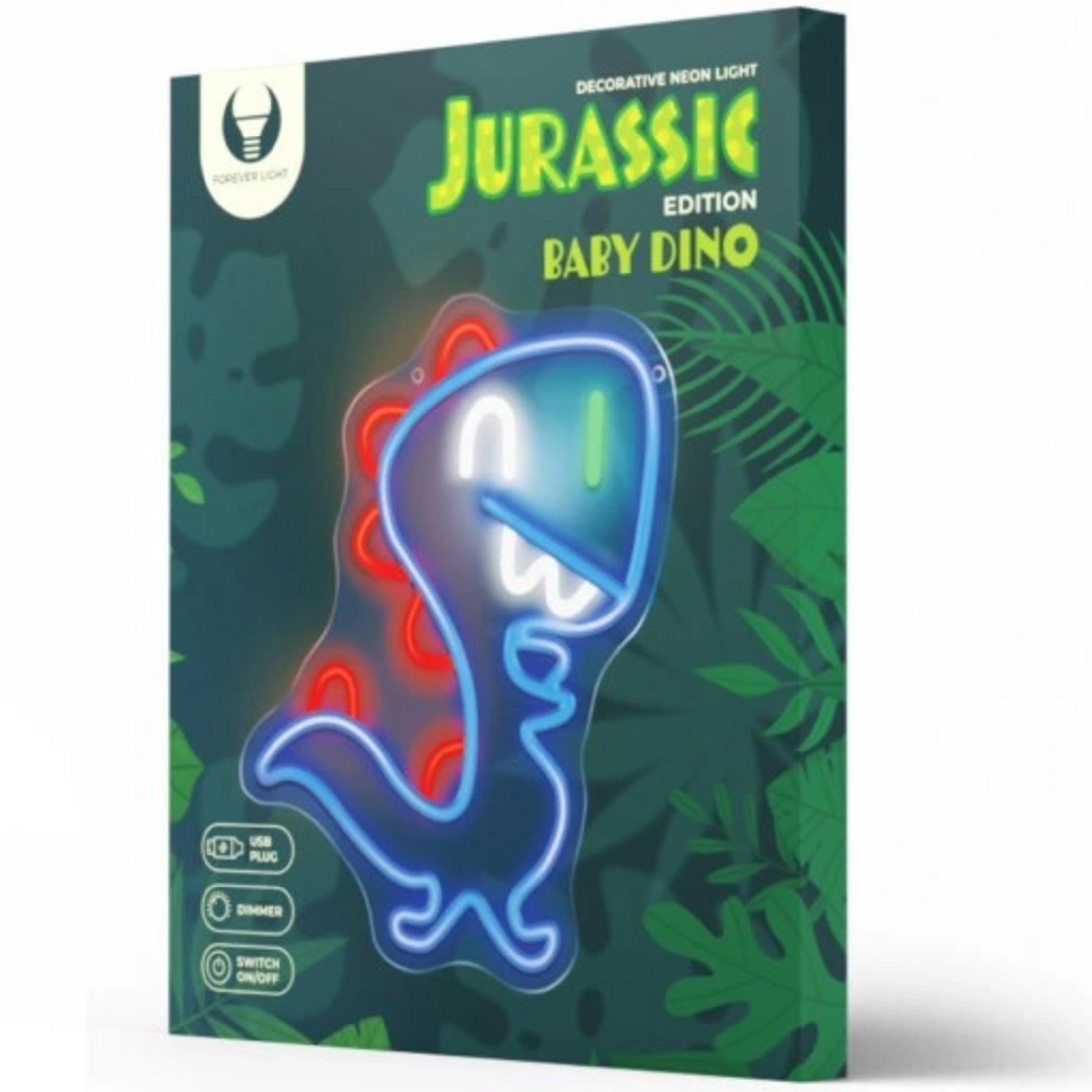 Luz de neón con forma de dinosaurio bebé azul con púas rojas en embalaje de jungla.