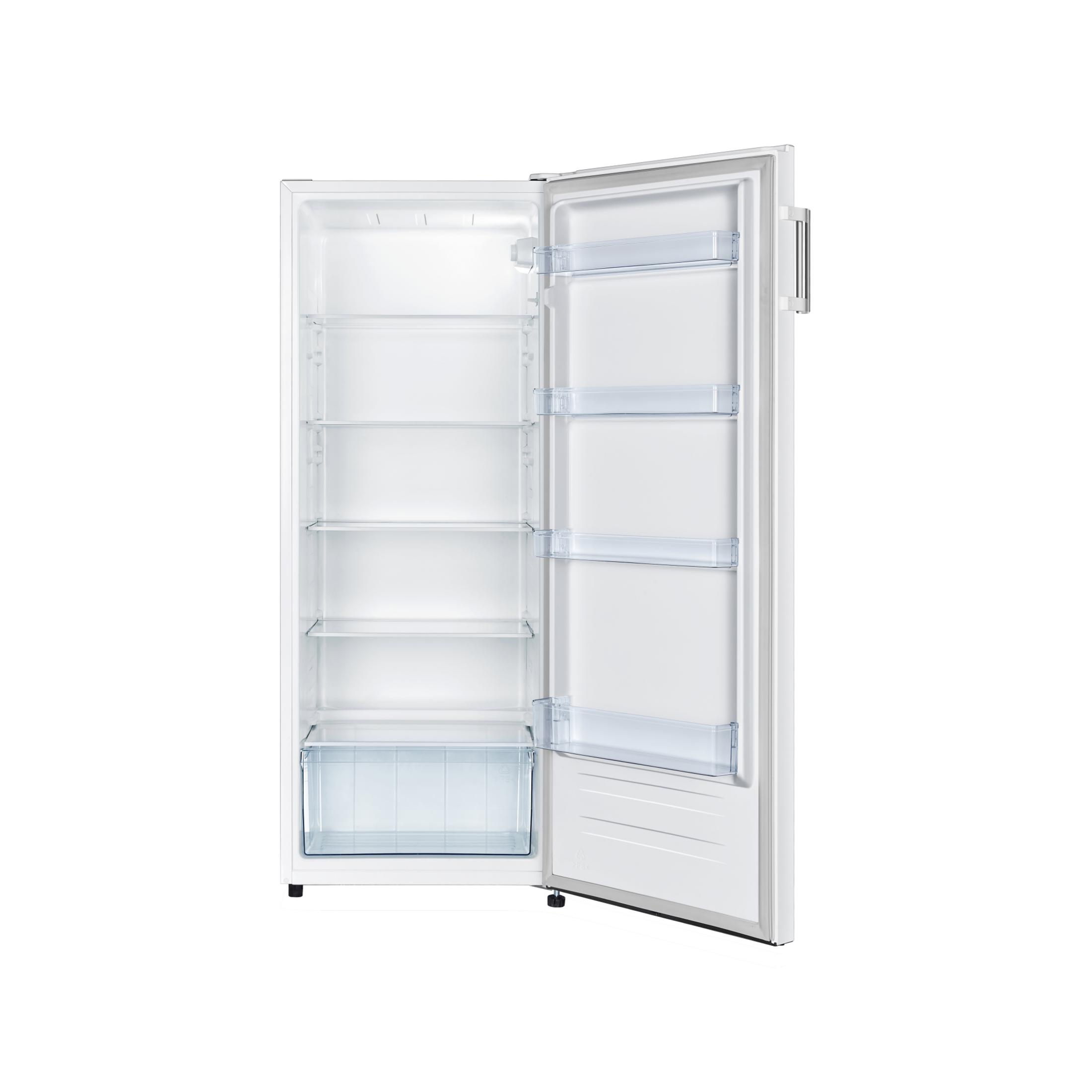 Un refrigerador blanco vacío con la puerta abierta, mostrando estantes.