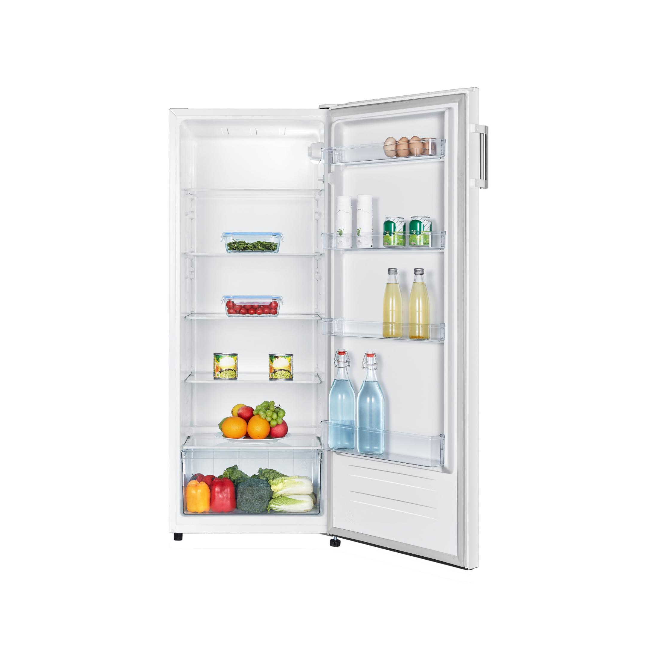 Refrigerador blanco abierto con alimentos, incluyendo huevos, verduras, frutas y bebidas.