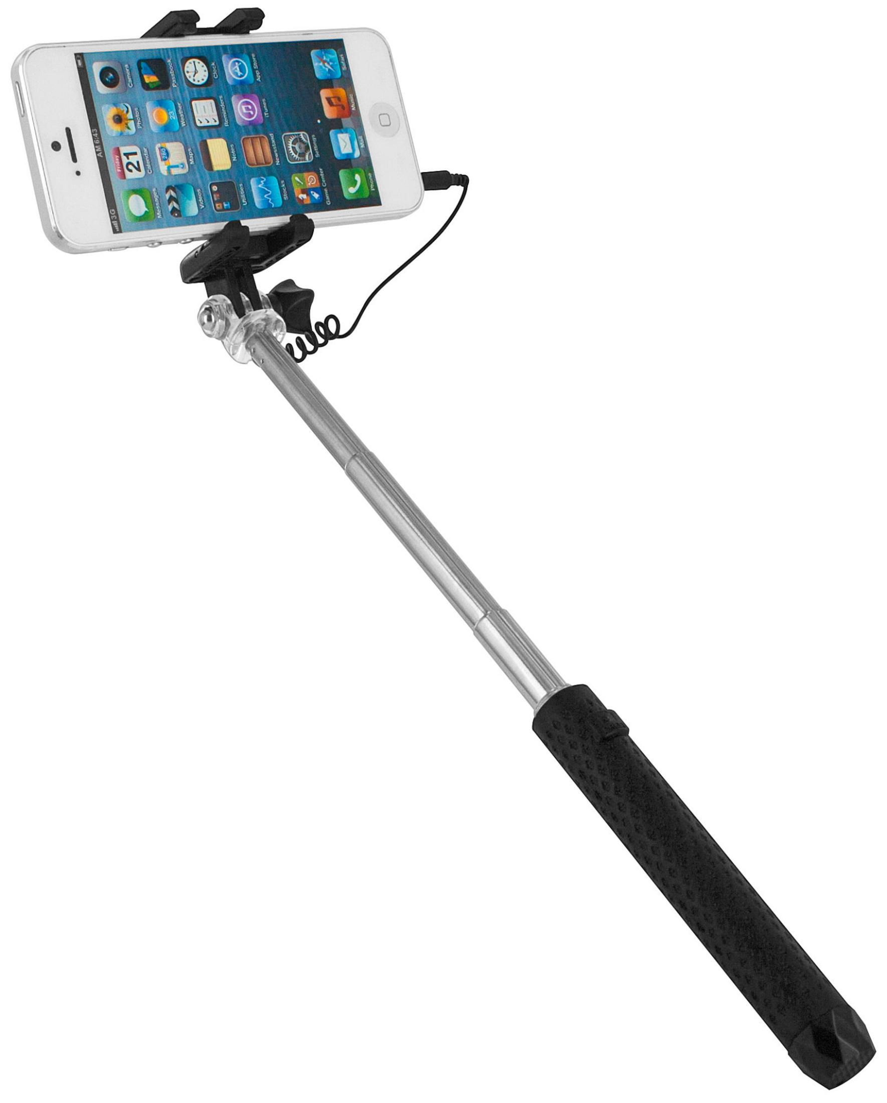 Un iPhone blanco está montado en un palo selfie plateado con mango negro.