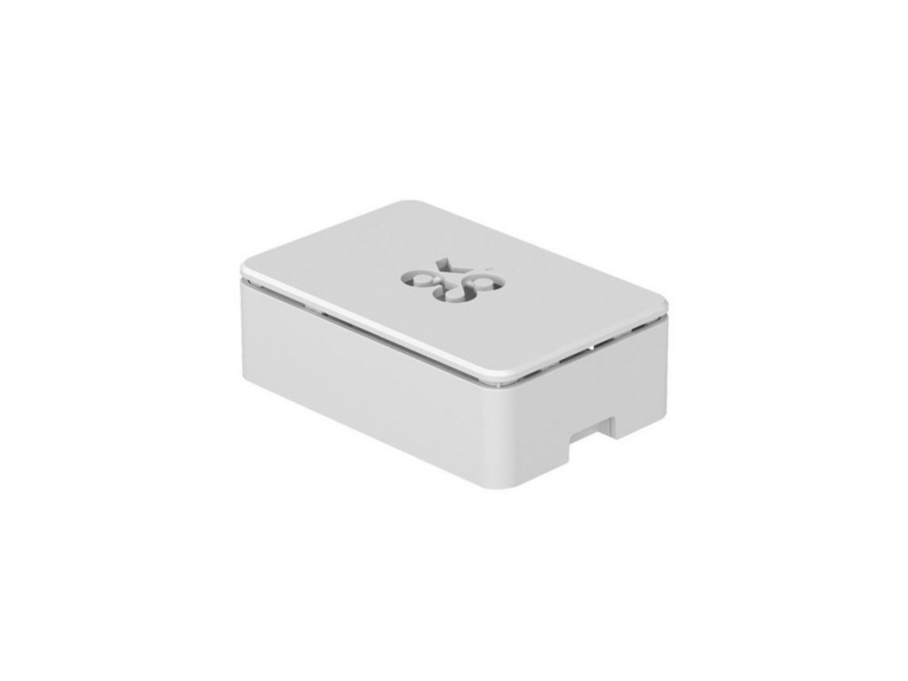 Una caja blanca con un logo estilizado encima.