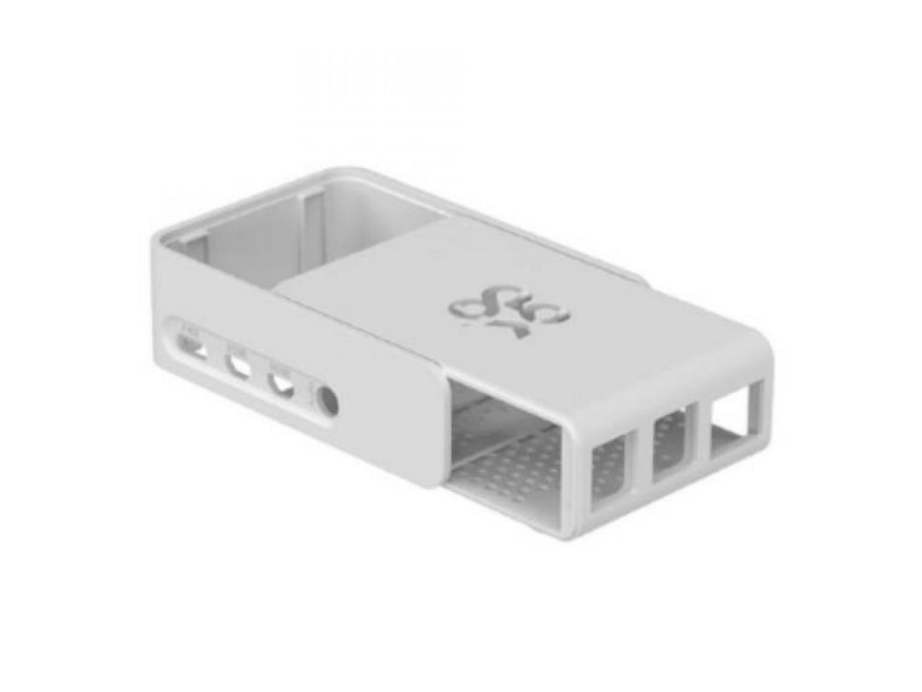Una carcasa blanca para Raspberry Pi con ranuras de ventilación y un logo.