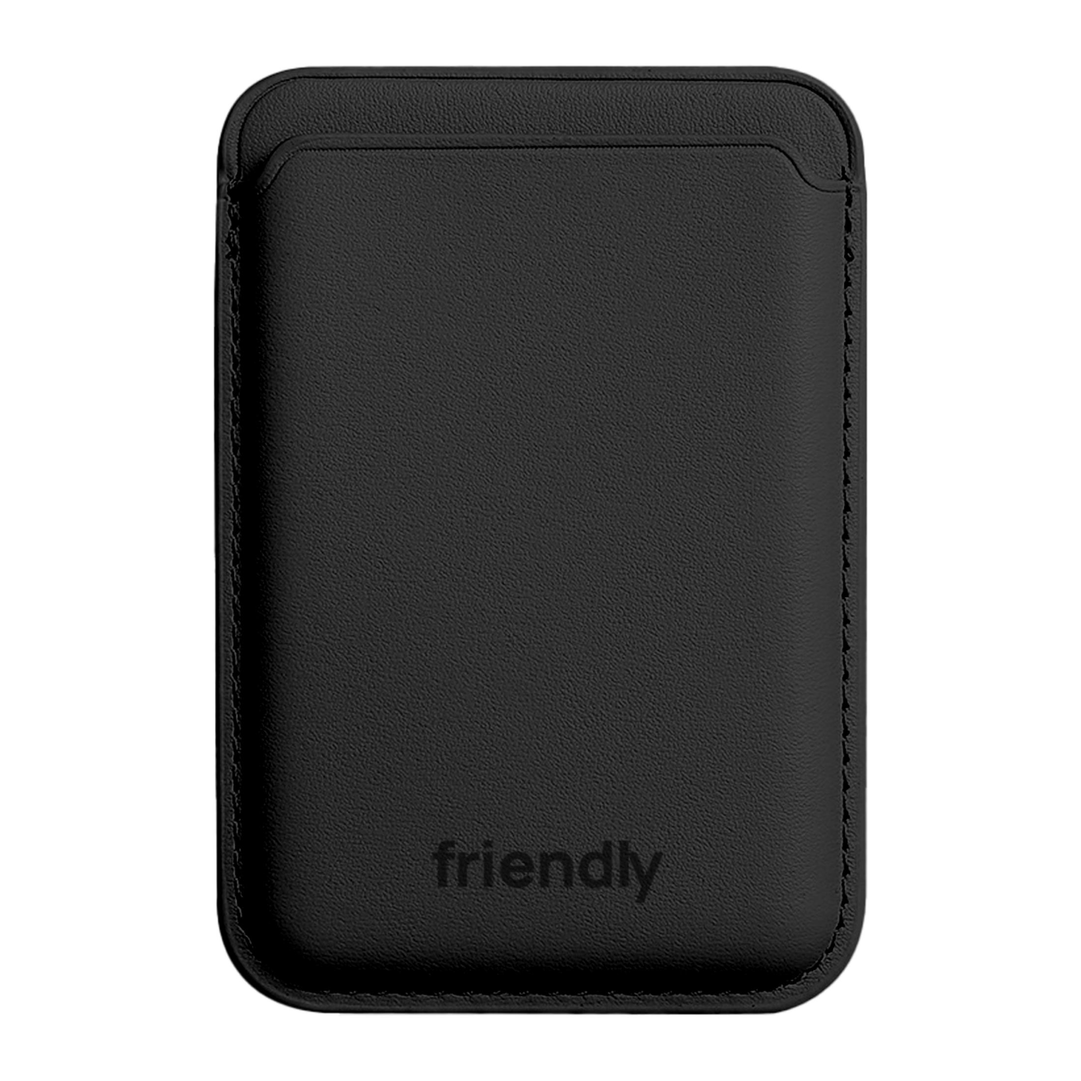 Portatarjetas de cuero negro con la palabra 'friendly' en relieve.