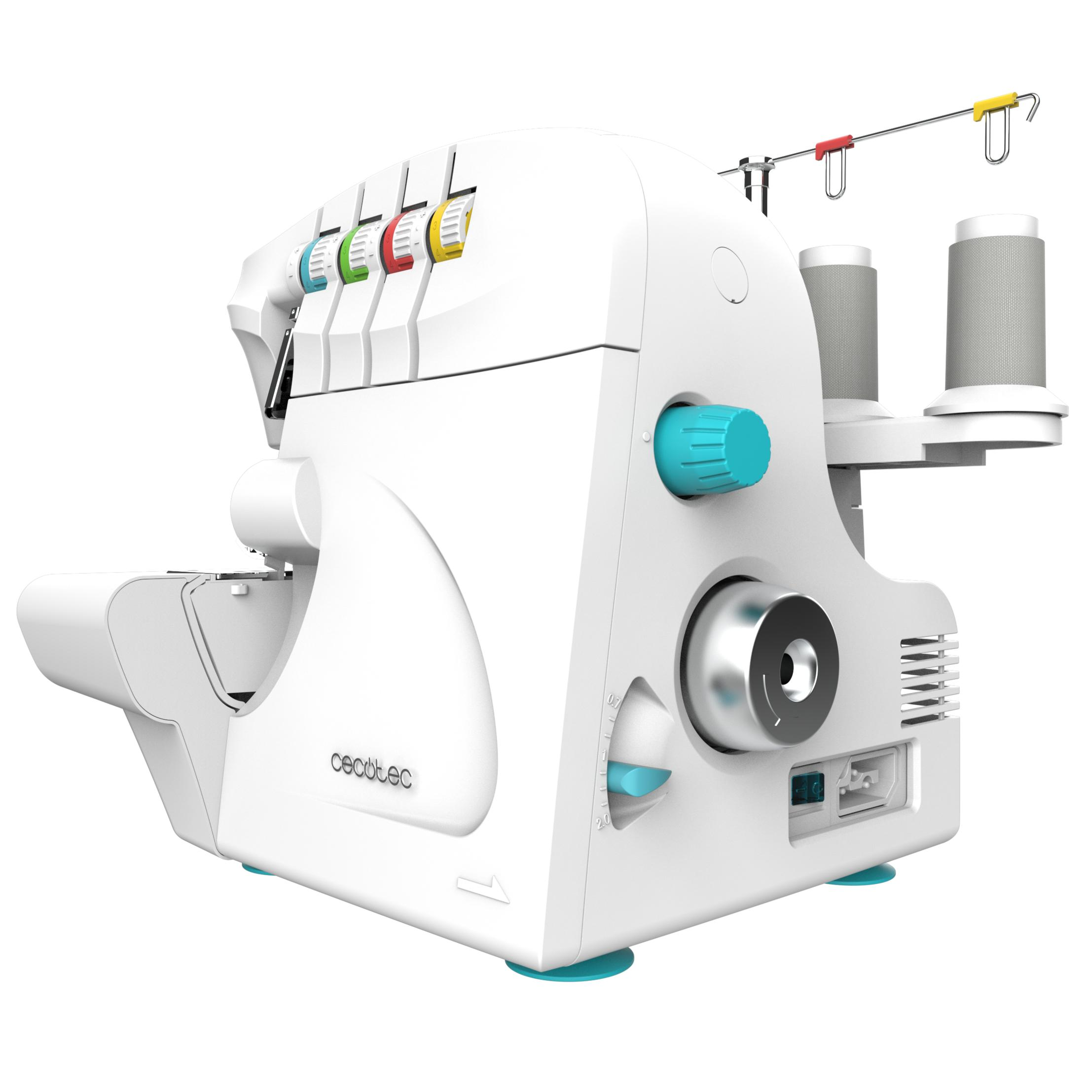 Una máquina de coser blanca con perillas de colores y carretes de hilo.