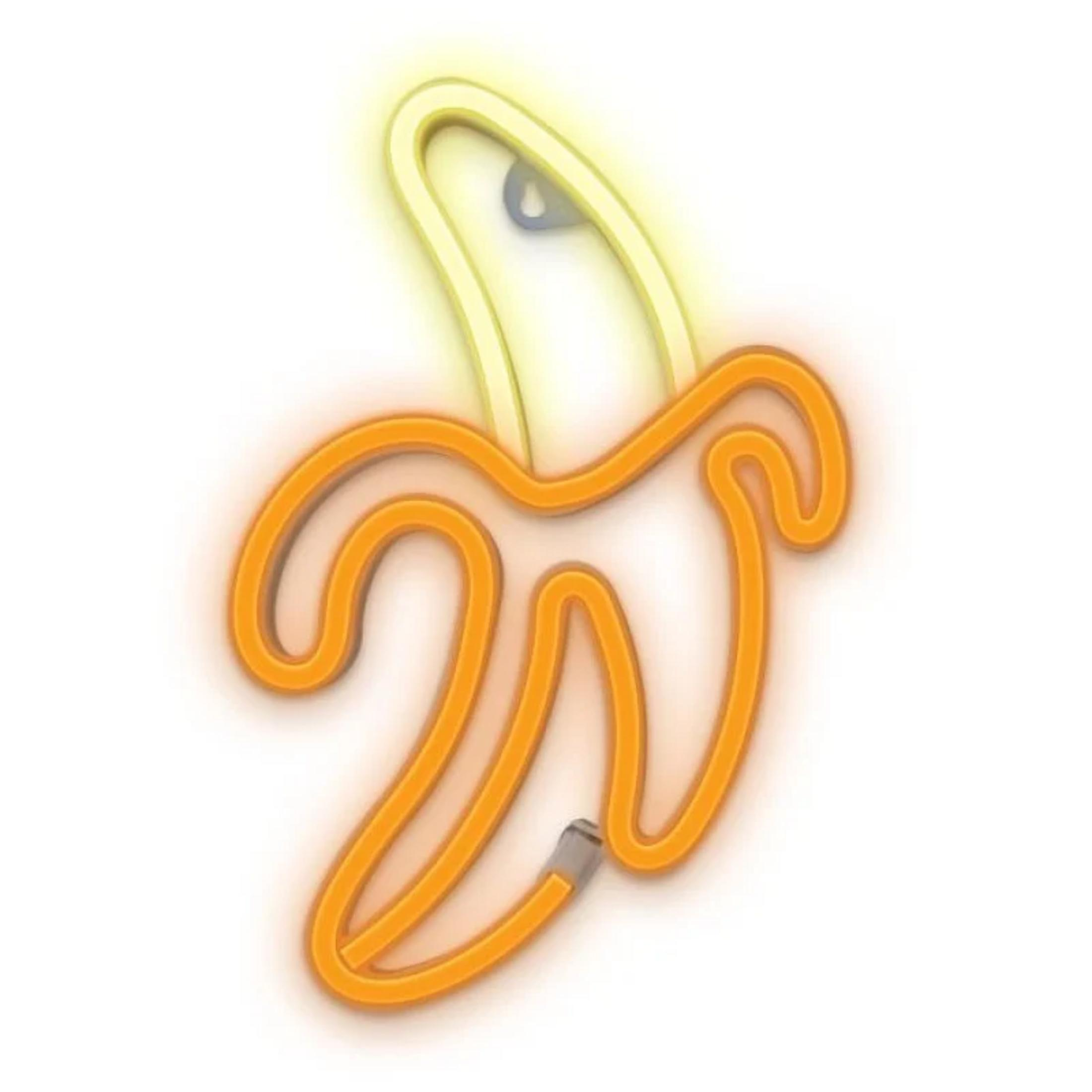 Eine leuchtende, orangefarbene Neon-Banane mit gelbem Schein.