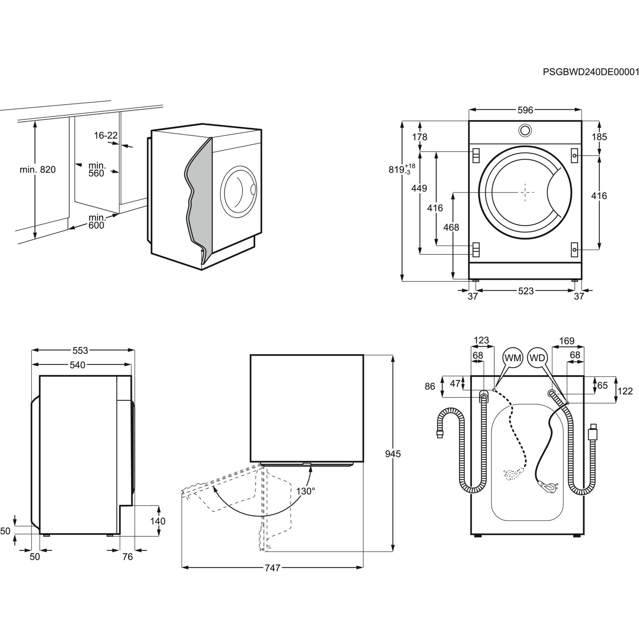 Dibujo técnico de una lavadora con dimensiones y conexiones.