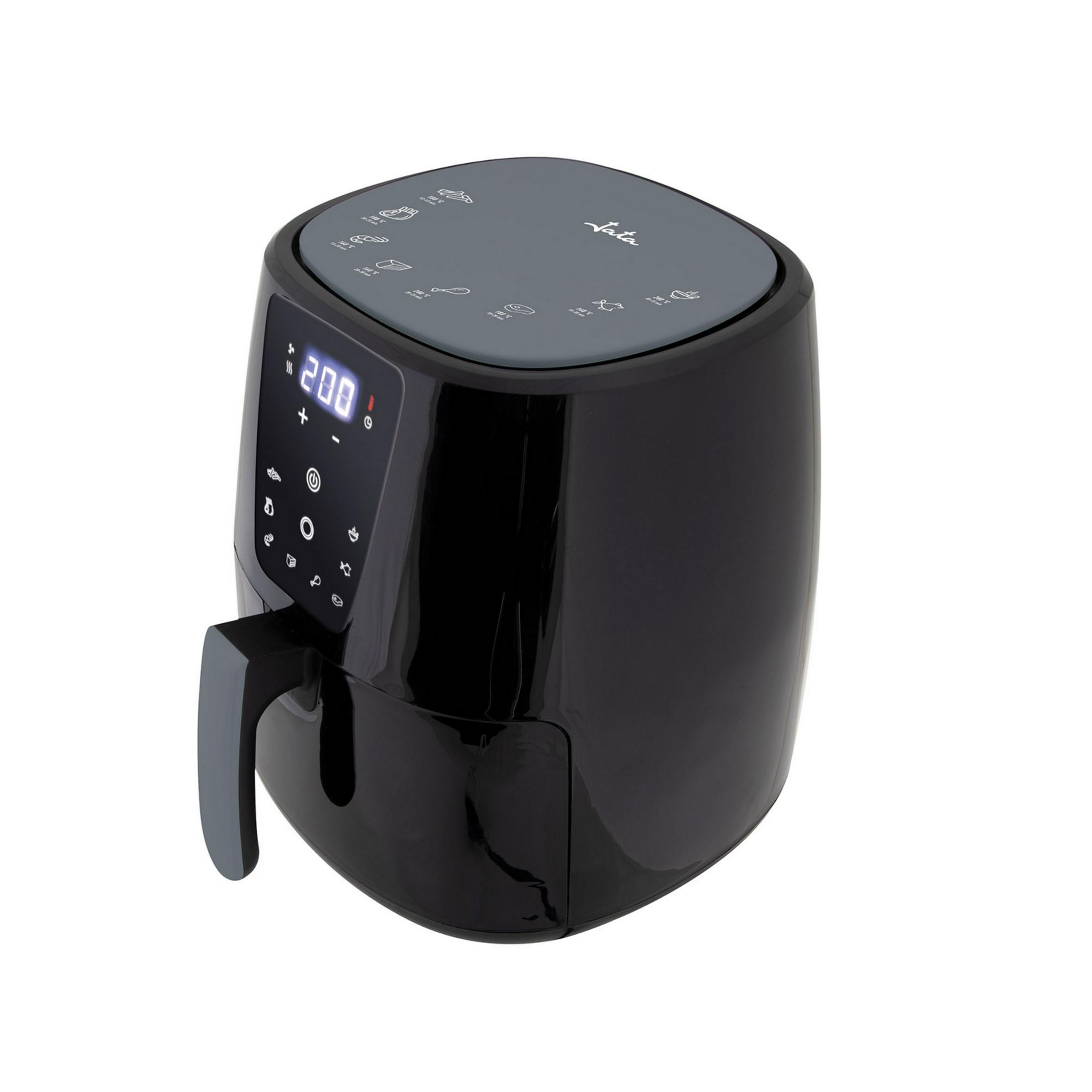 Freidora de aire negra con pantalla digital e iconos de cocina en la tapa.