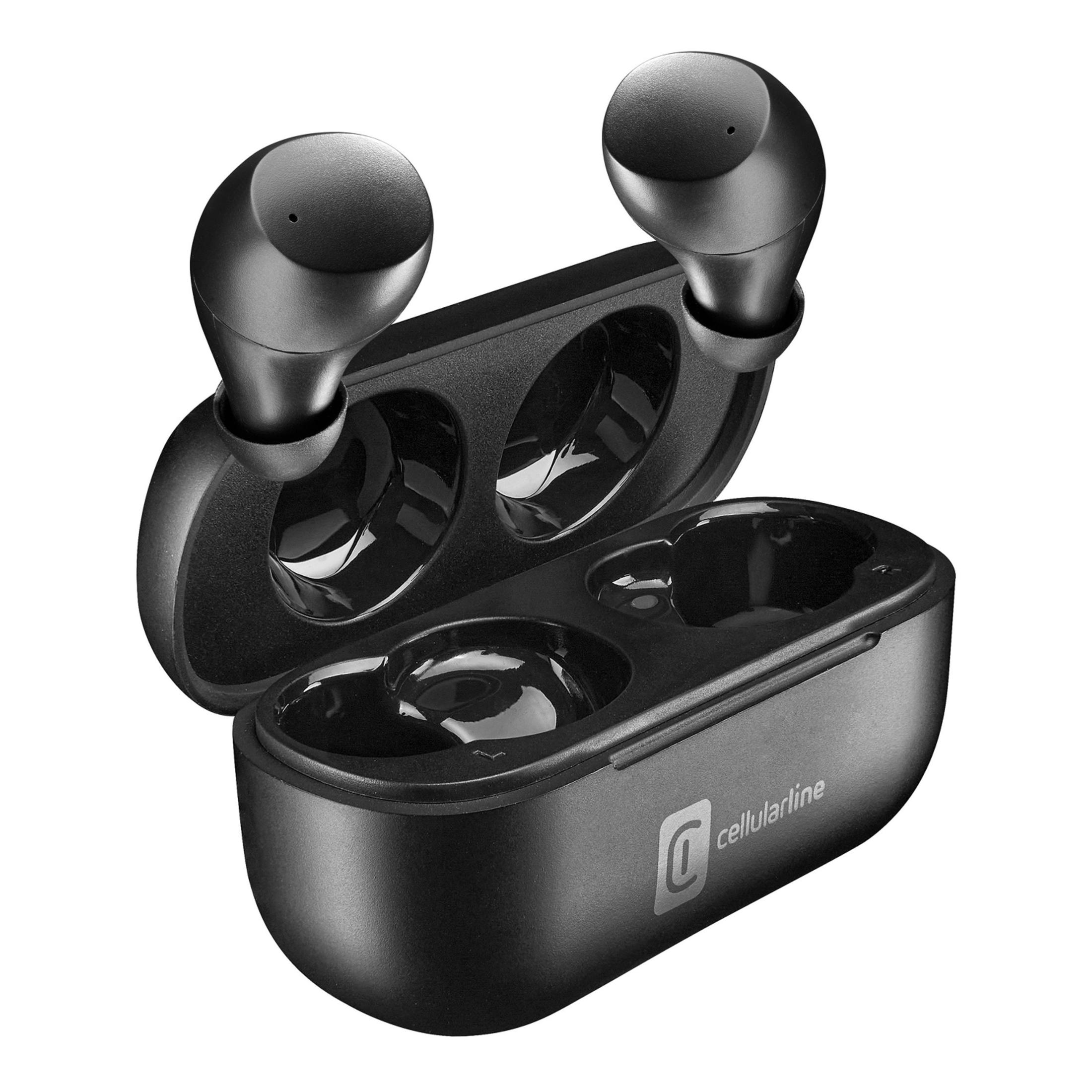Auricolari wireless neri e custodia di ricarica, un auricolare nella custodia, uno fuori.