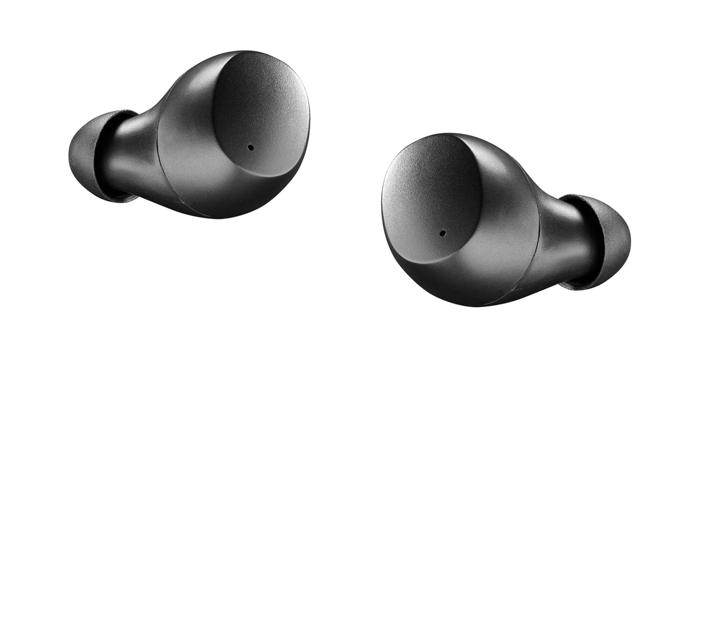 Due auricolari wireless neri su sfondo bianco.