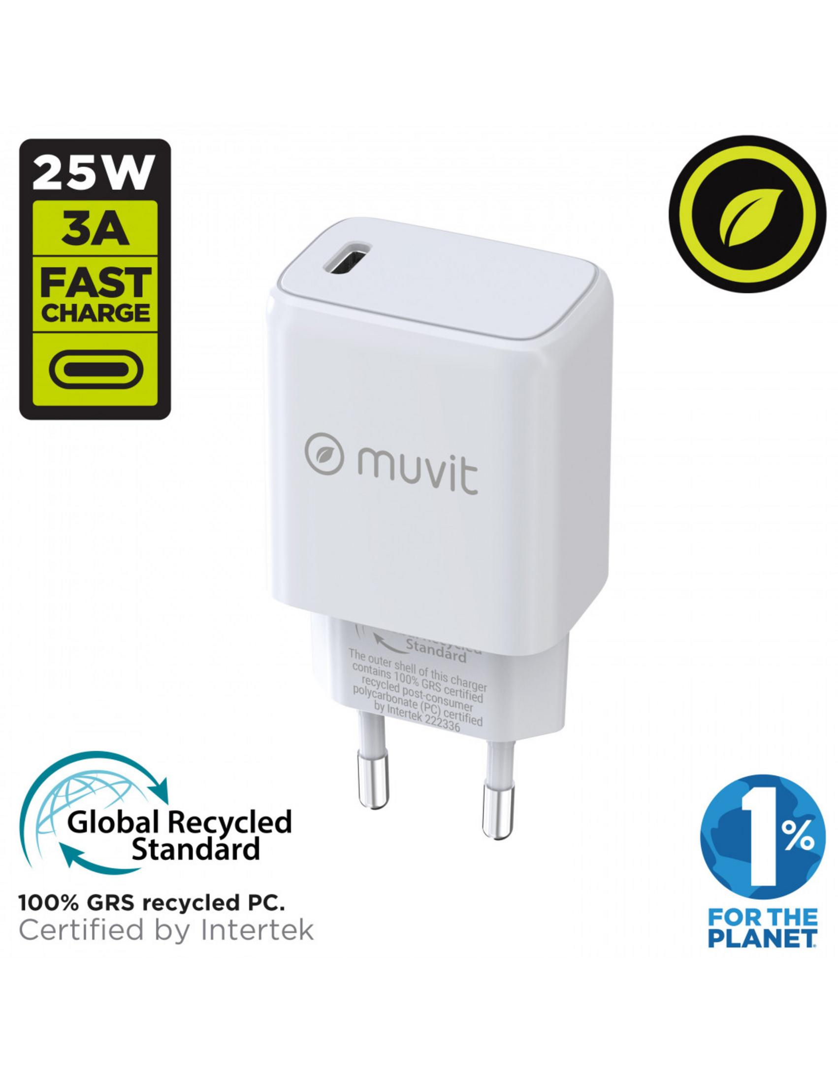 Cargador blanco de 25W, 3A, carga rápida, logo Global Recycled Standard.