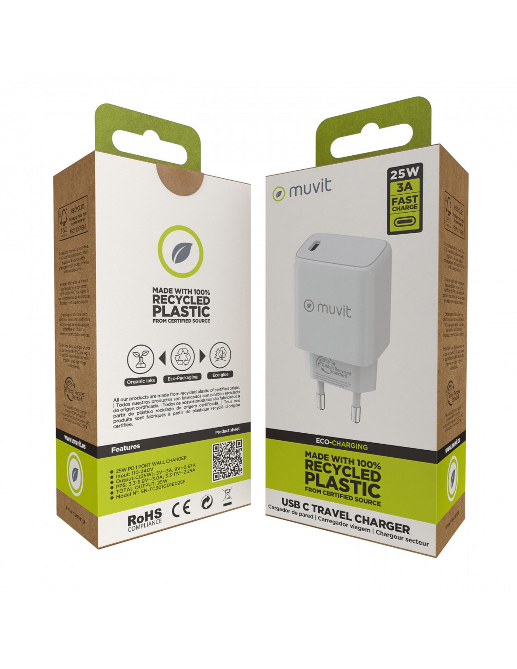 Dos cajas de embalaje Muvit una al lado de la otra, una muestra un cargador USB-C blanco.
